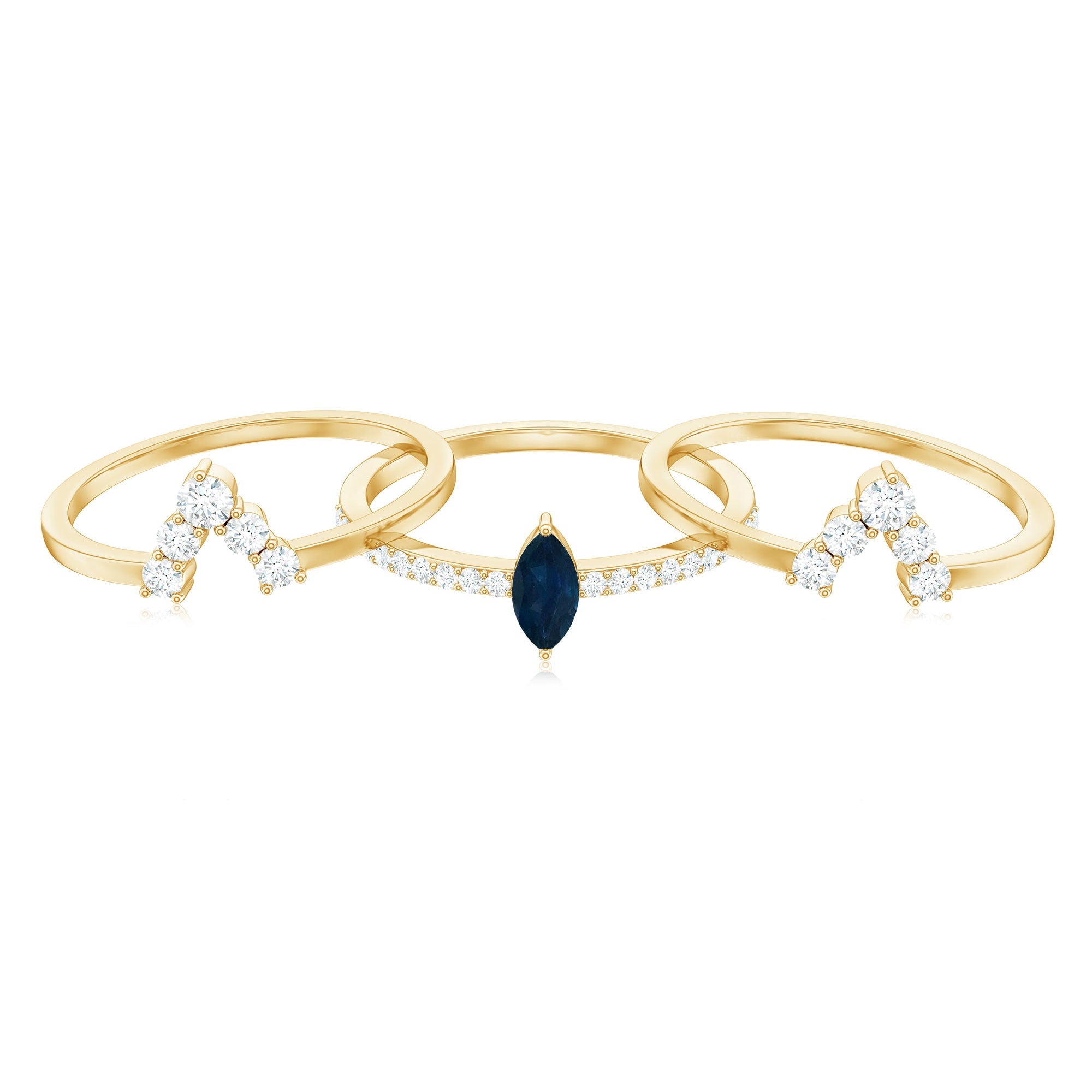 Marquise Blue Sapphire Solitaire Ring Set of 3 with Diamond