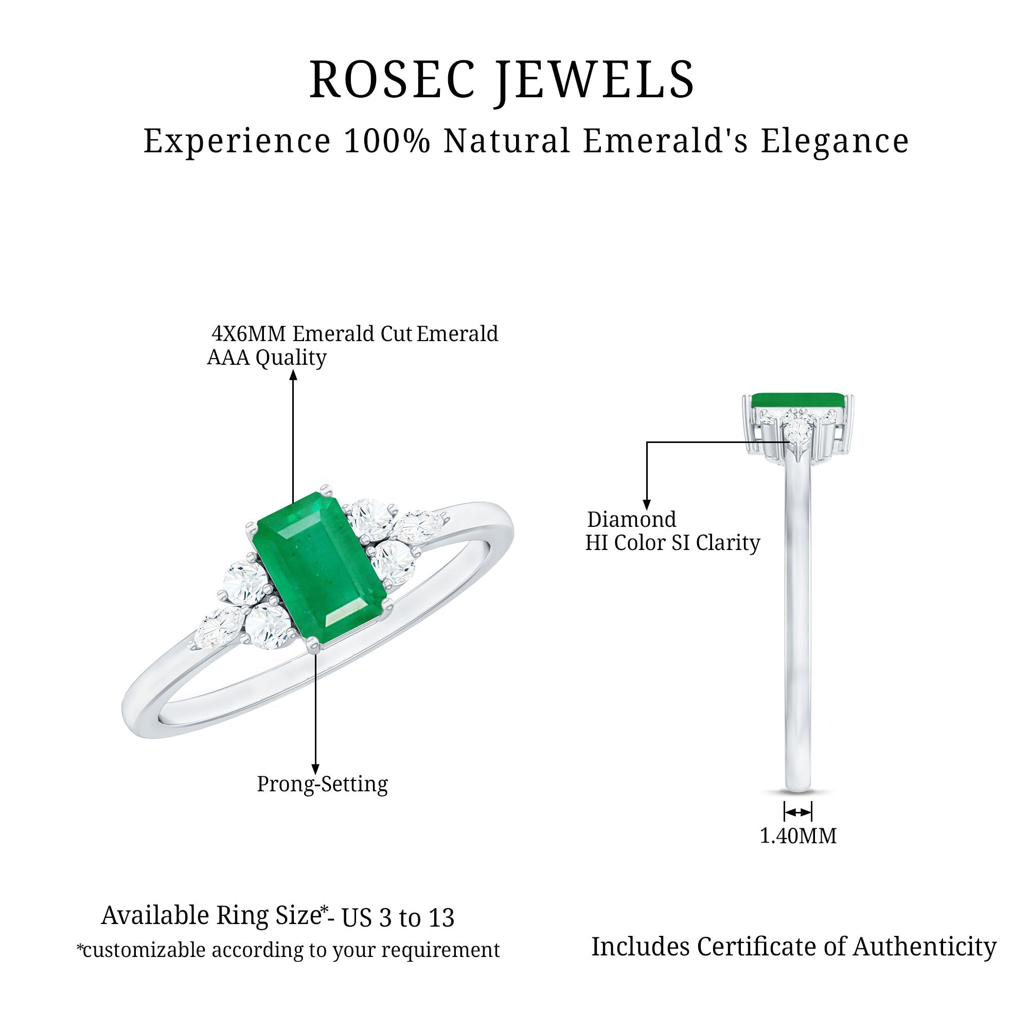 Emerald Cut Emerald Engagement Ring with Diamond Trio
