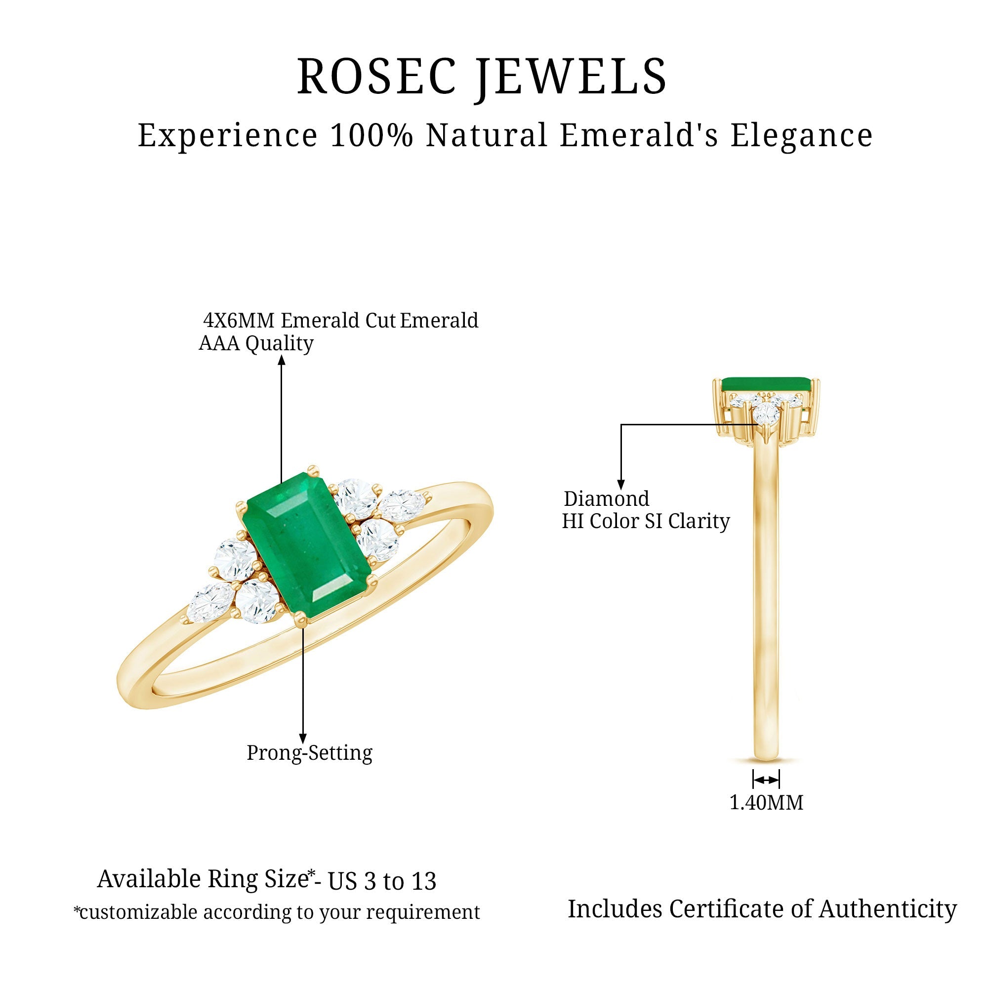 Emerald Cut Emerald Engagement Ring with Diamond Trio