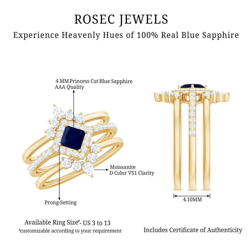 1.5 CT Princess Cut Blue Sapphire Bridal Ring Set with Moissanite Halo