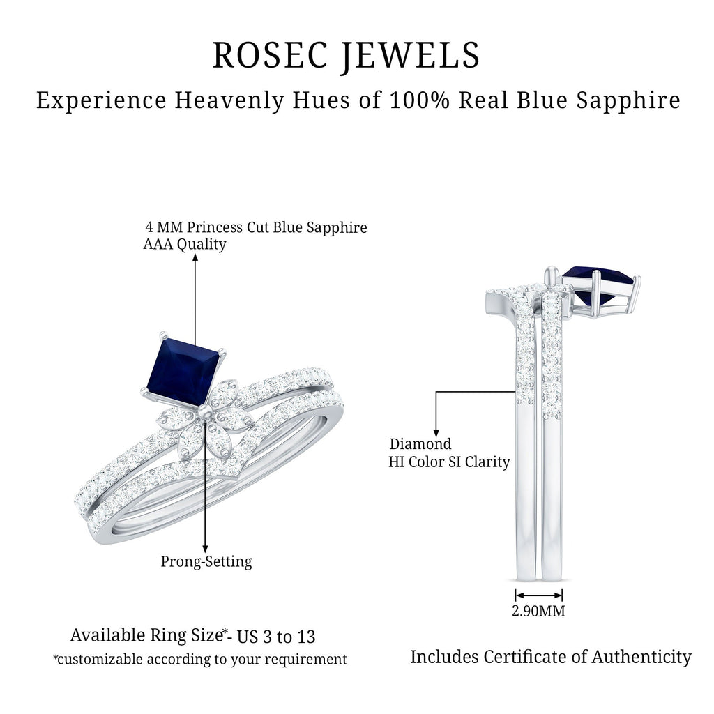 Princess Cut Solitaire Blue Sapphire and Diamond Designer Ring Set
