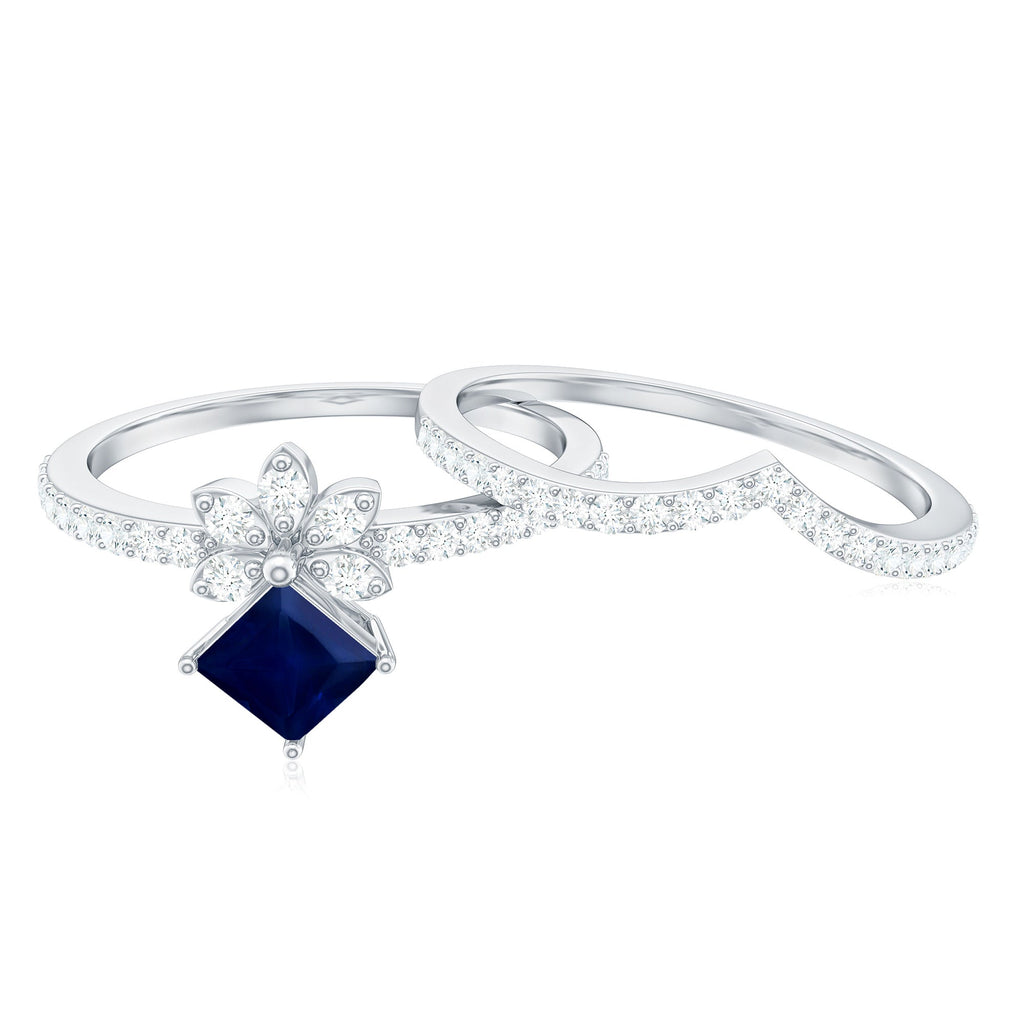 Princess Cut Solitaire Blue Sapphire and Diamond Designer Ring Set