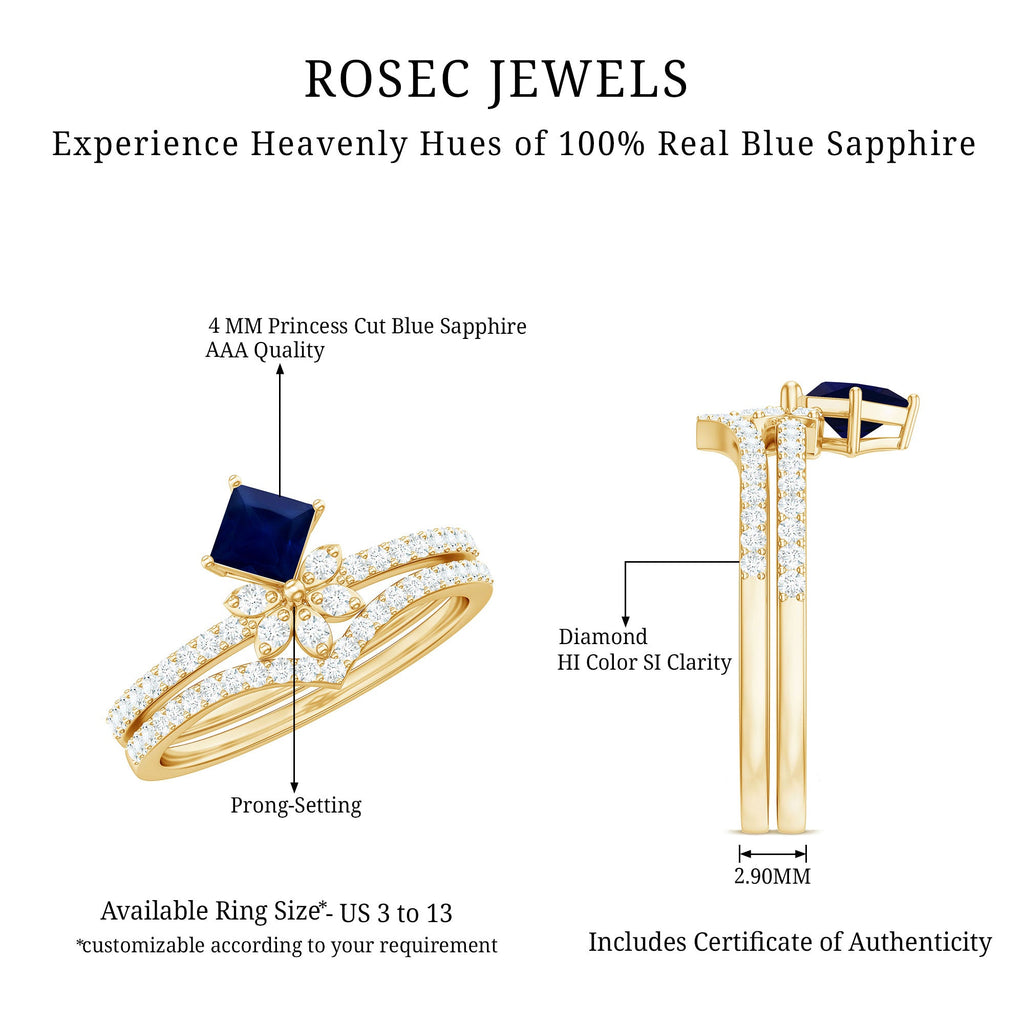 Princess Cut Solitaire Blue Sapphire and Diamond Designer Ring Set