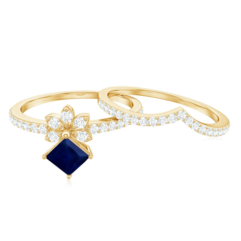 Princess Cut Solitaire Blue Sapphire and Diamond Designer Ring Set