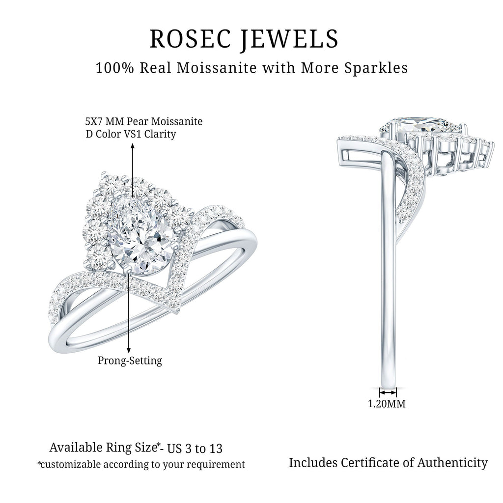 5X7 MM Pear Shaped Certified Moissanite Designer Engagement Ring