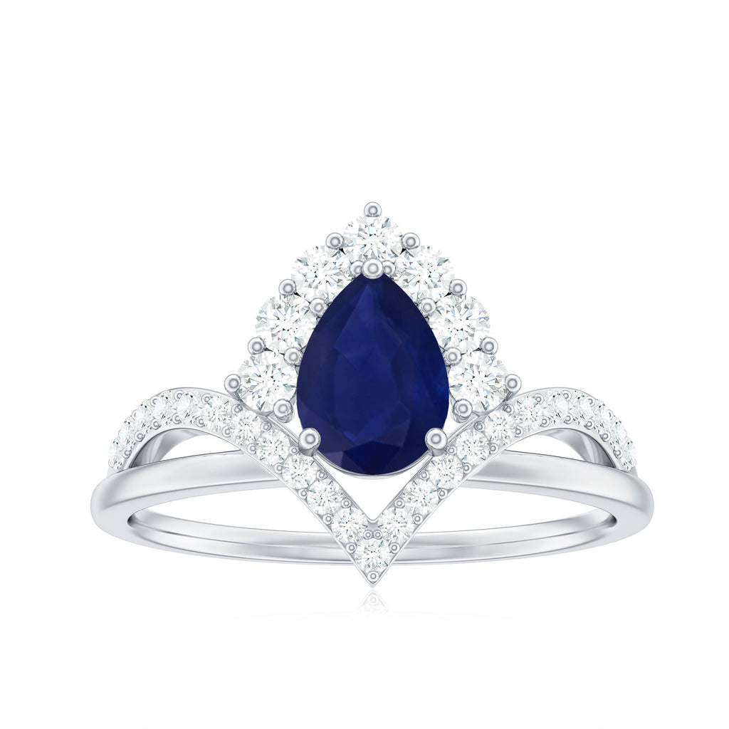 Pear Cut Blue Sapphire Designer Solitaire Ring with Diamond