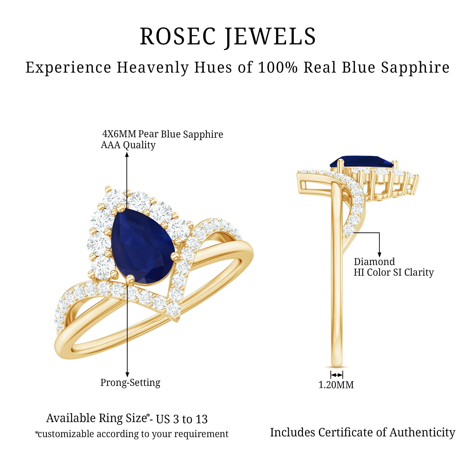 Pear Cut Blue Sapphire Designer Solitaire Ring with Diamond