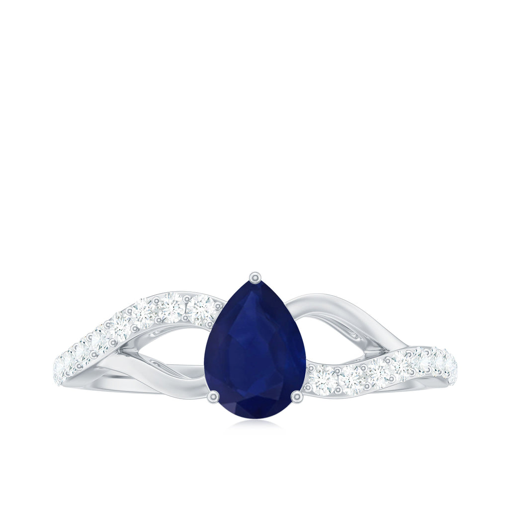Pear Cut Blue Sapphire Solitaire Split Shank Ring with Diamond