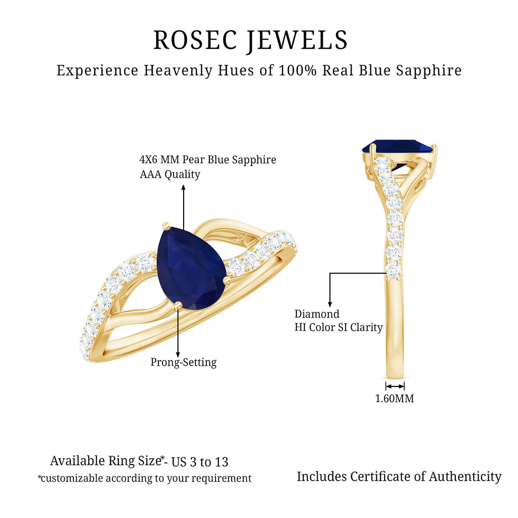 Pear Cut Blue Sapphire Solitaire Split Shank Ring with Diamond