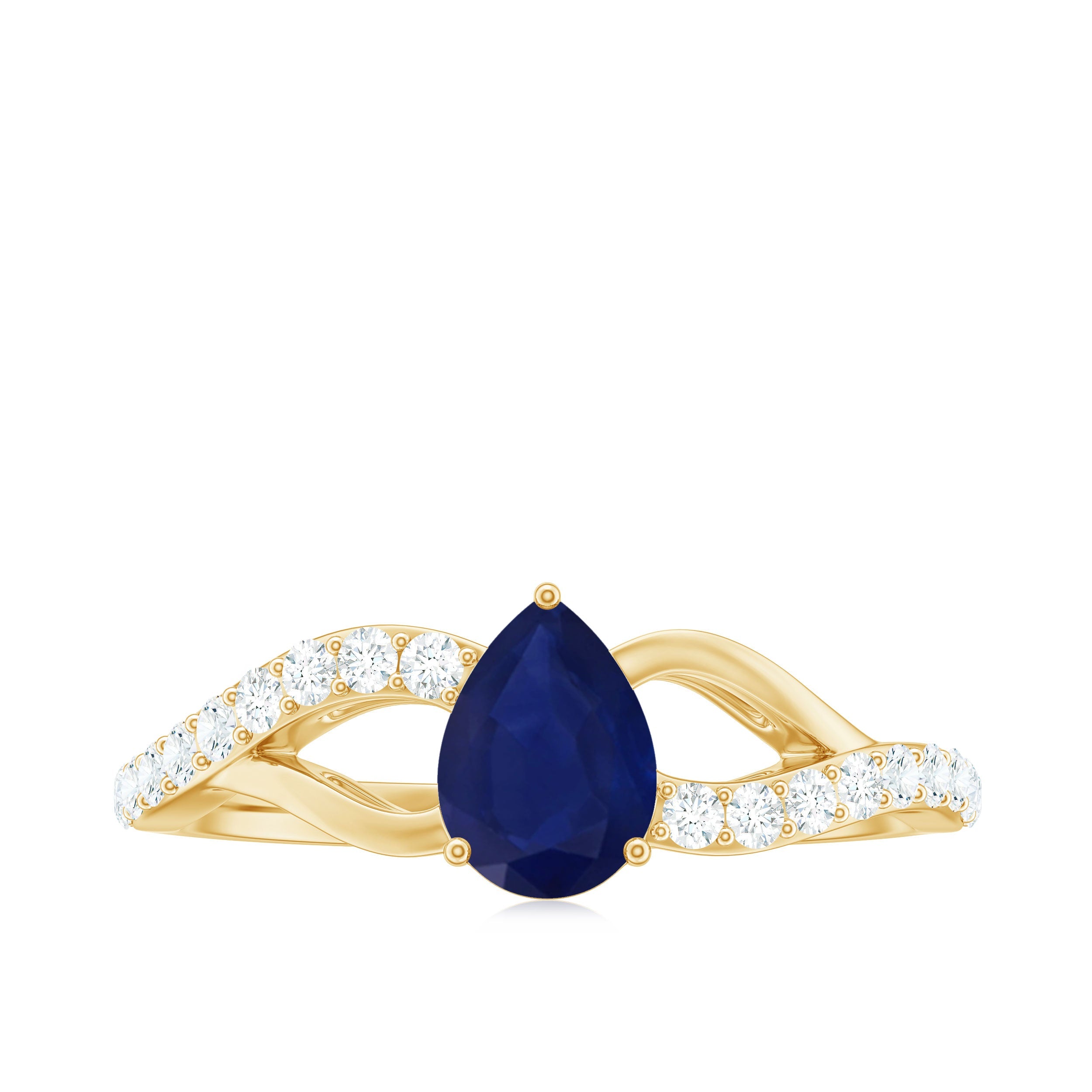 Pear Cut Blue Sapphire Solitaire Split Shank Ring with Diamond