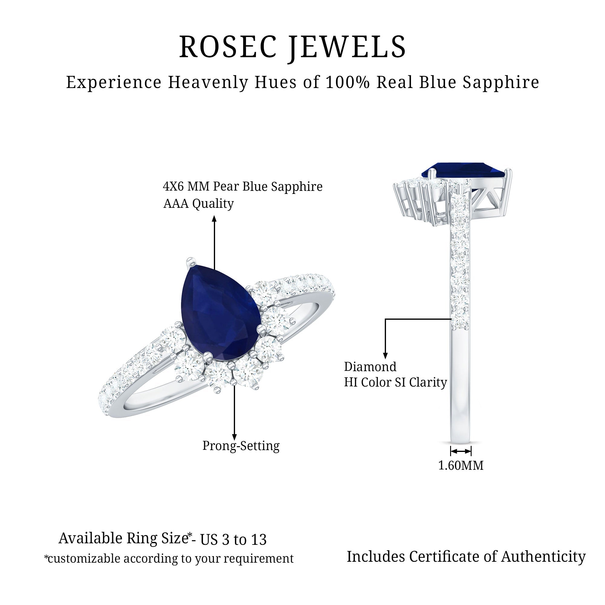 Blue Sapphire Teardrop Solitaire Ring with Diamond Accent