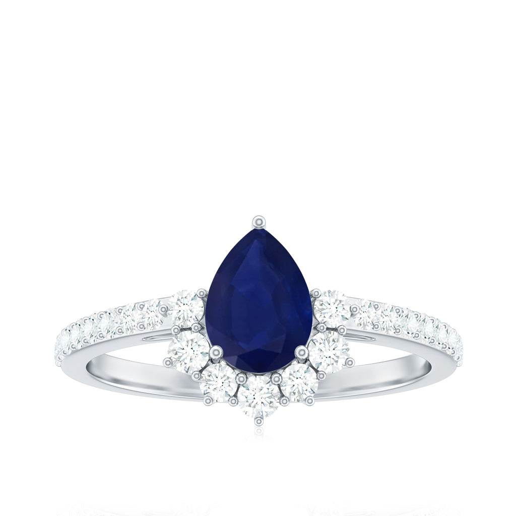 Blue Sapphire Teardrop Solitaire Ring with Diamond Accent