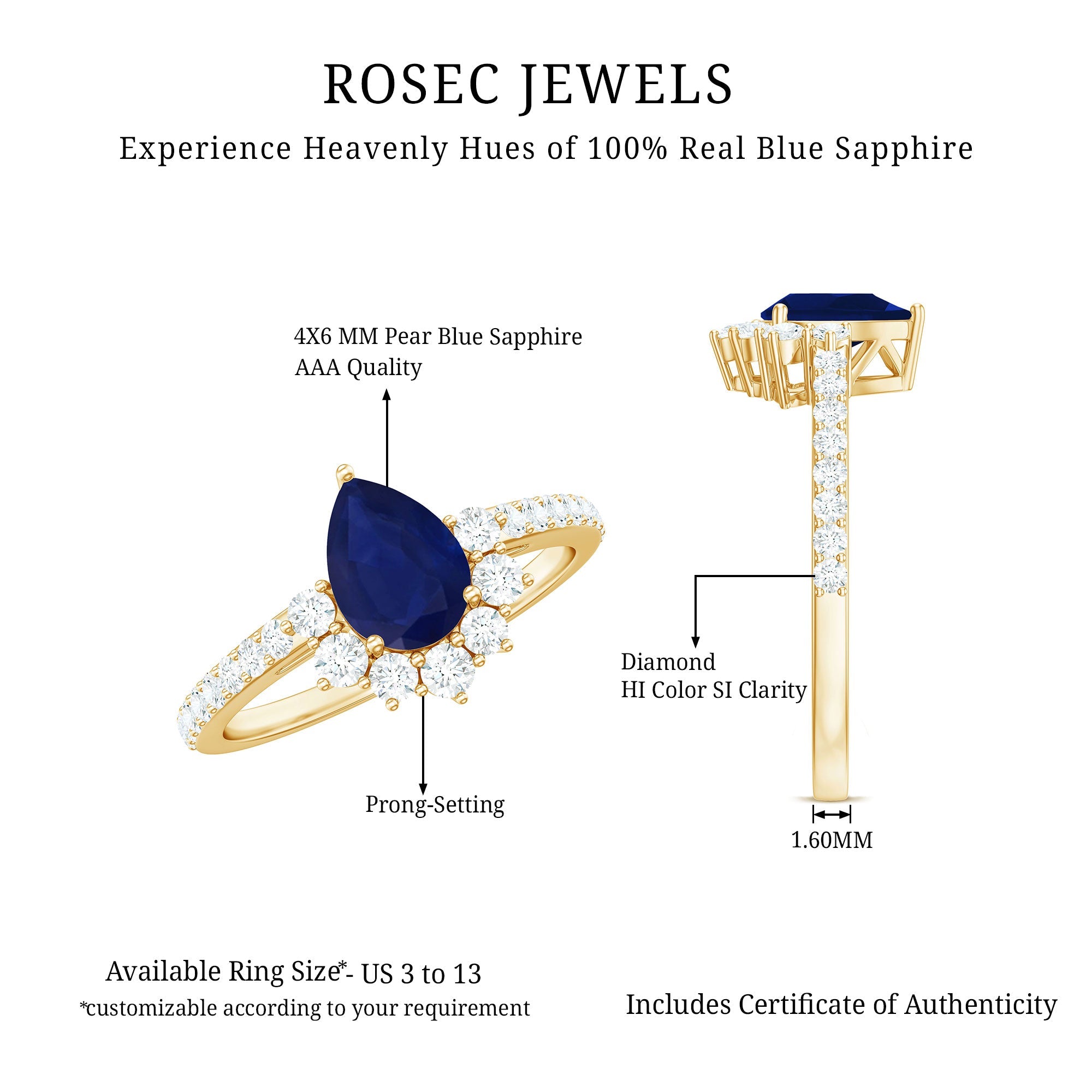 Blue Sapphire Teardrop Solitaire Ring with Diamond Accent