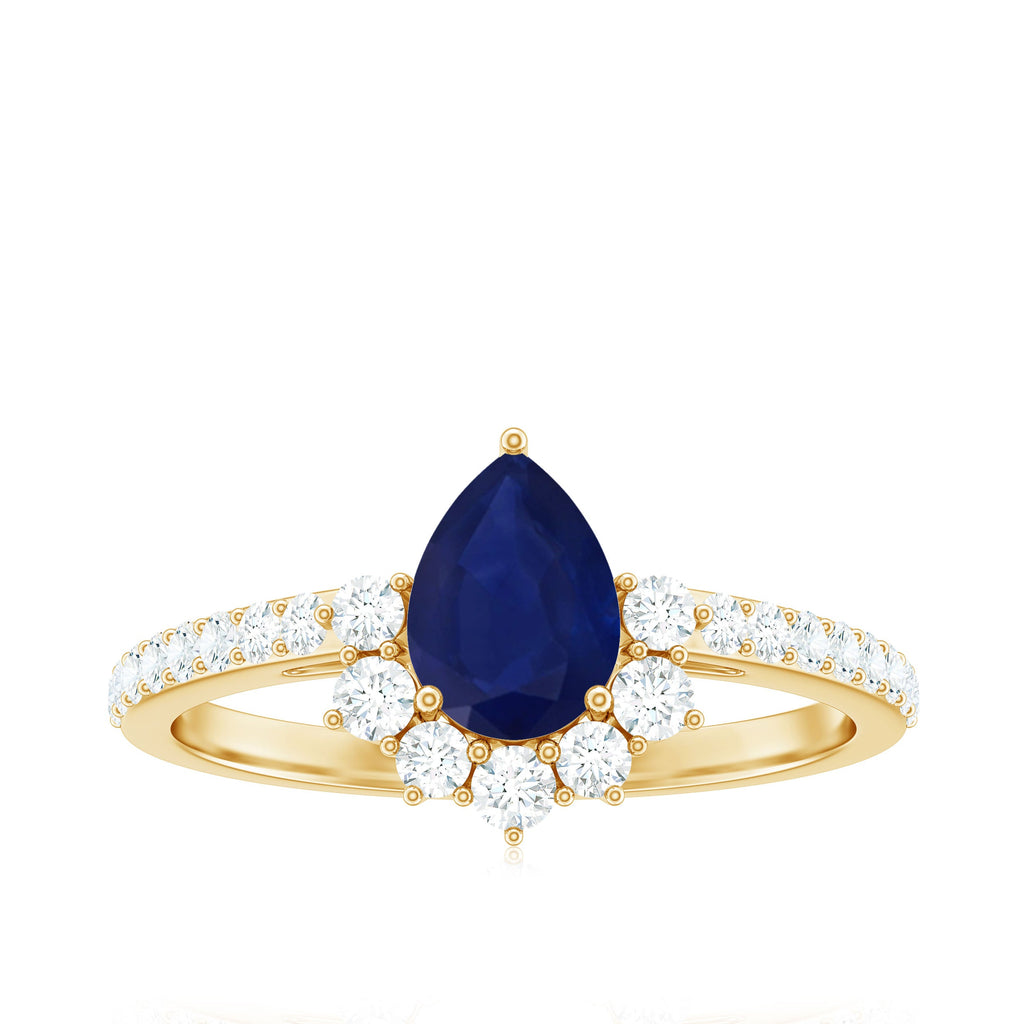 Blue Sapphire Teardrop Solitaire Ring with Diamond Accent