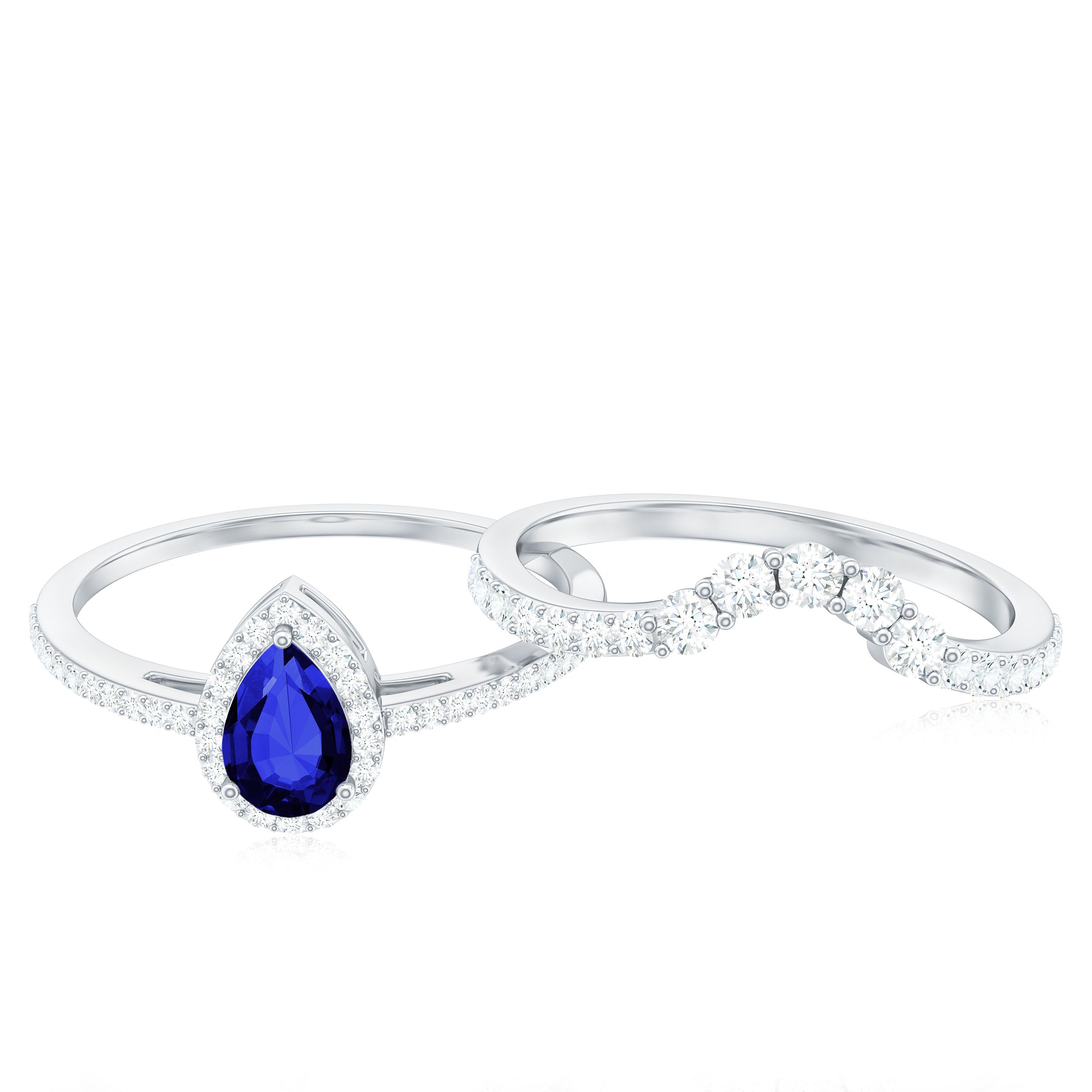 Certified Pear Cut Lab Created Blue Sapphire Designer Wedding Rings Set with Diamond