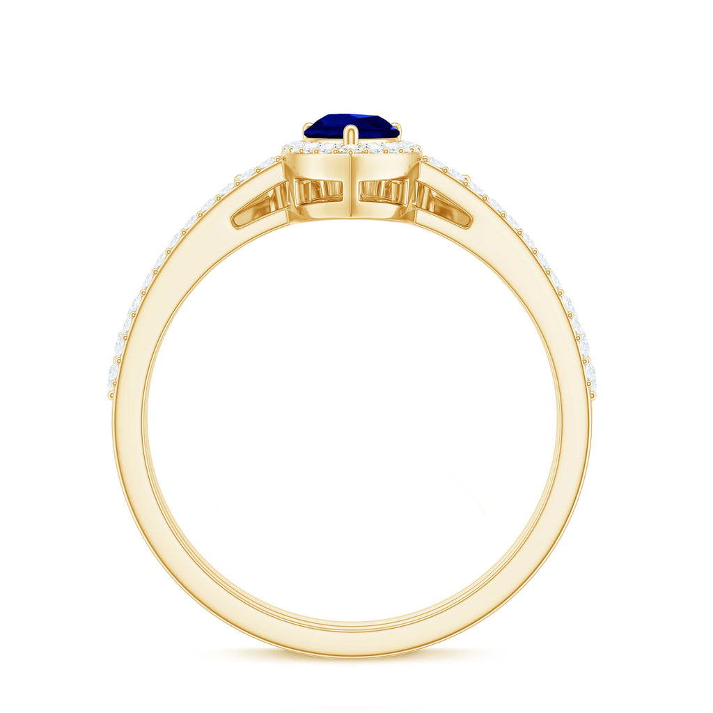 Certified Pear Cut Lab Created Blue Sapphire Designer Wedding Rings Set with Diamond