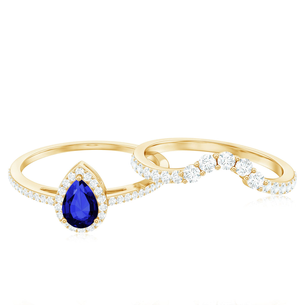 Certified Pear Cut Lab Created Blue Sapphire Designer Wedding Rings Set with Diamond