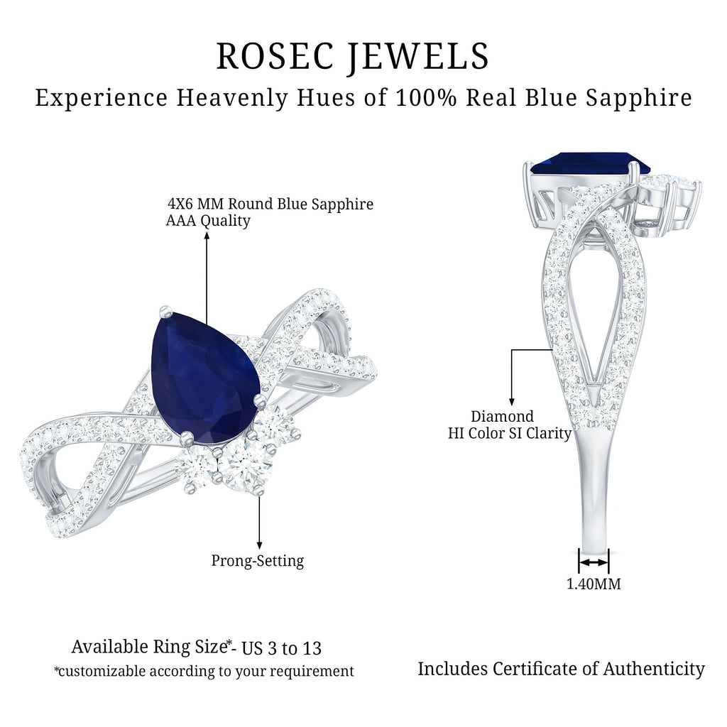 Pear Cut Blue Sapphire and Diamond Crossover Engagement Ring