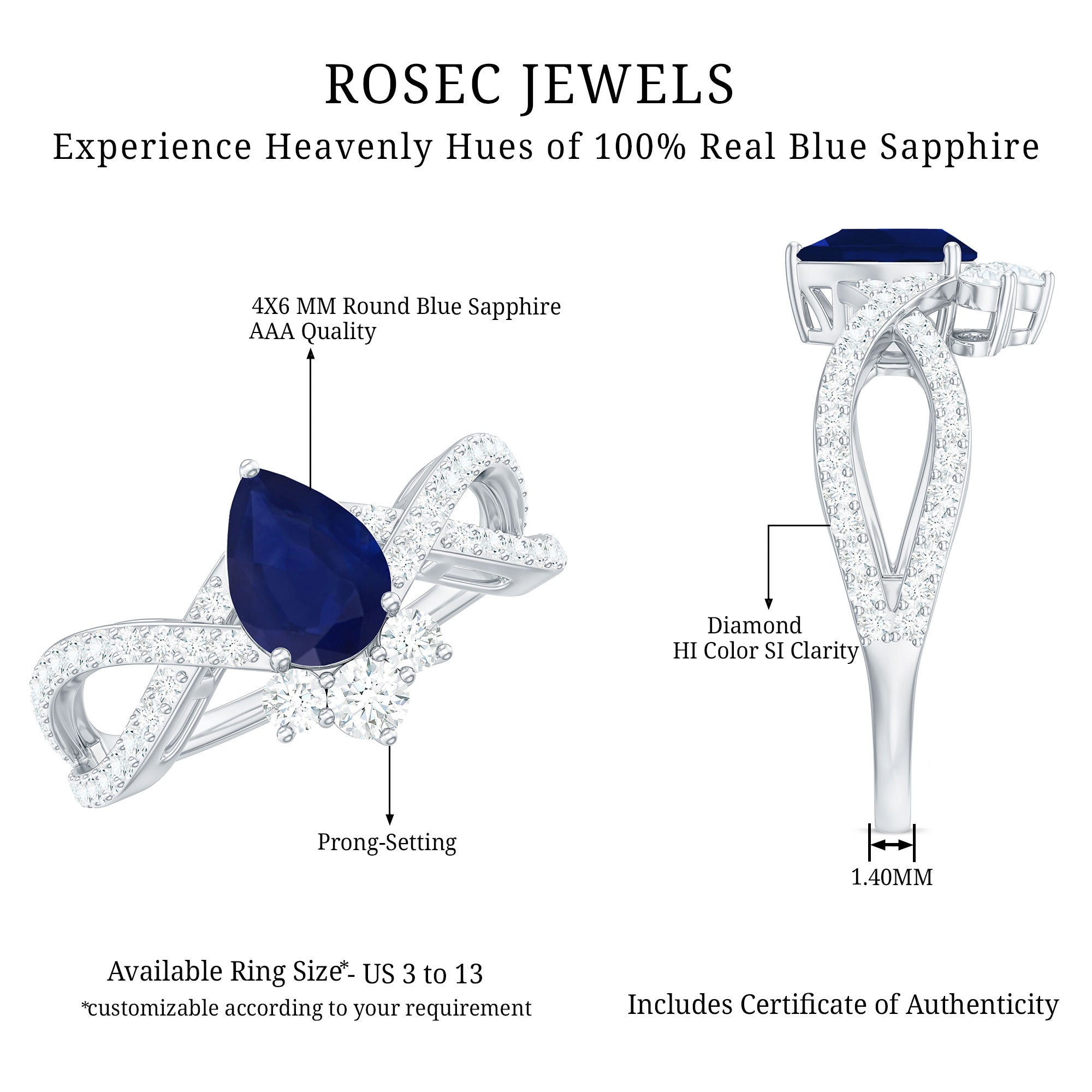 Pear Cut Blue Sapphire and Diamond Crossover Engagement Ring