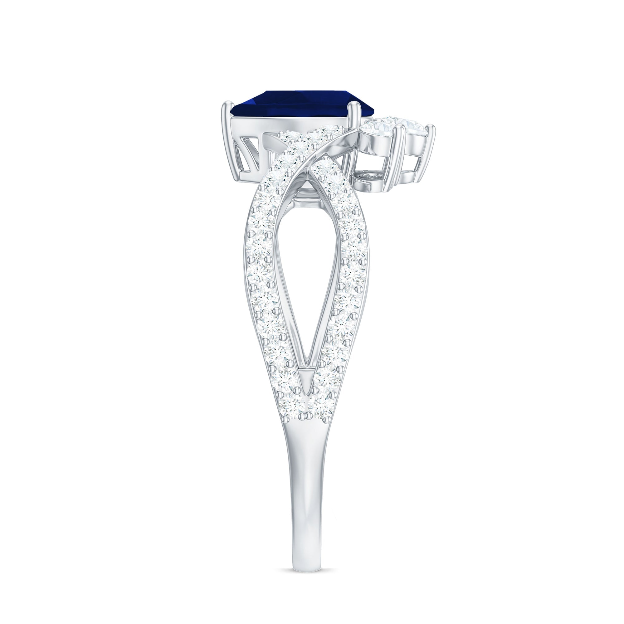 Pear Cut Blue Sapphire and Diamond Crossover Engagement Ring