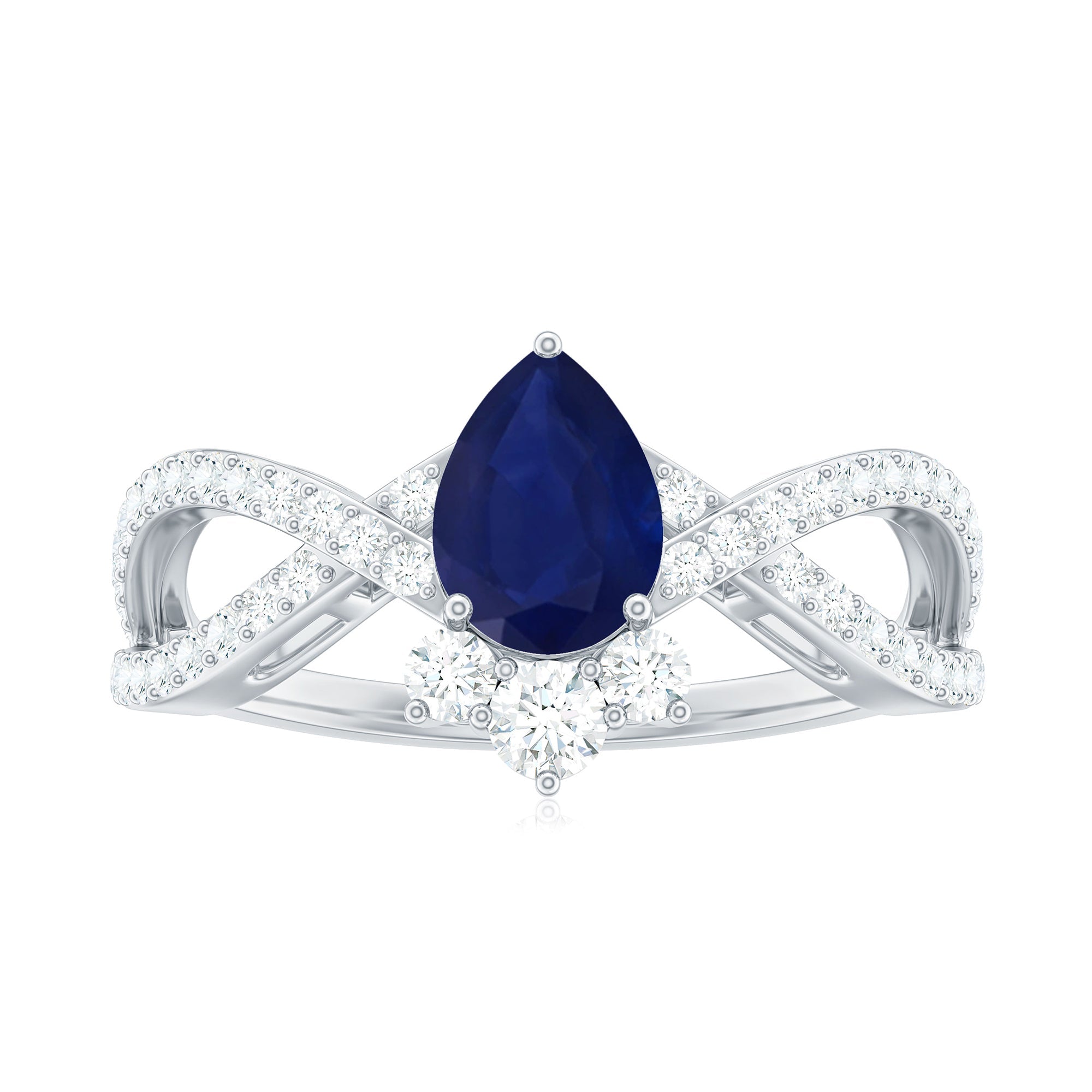 Pear Cut Blue Sapphire and Diamond Crossover Engagement Ring