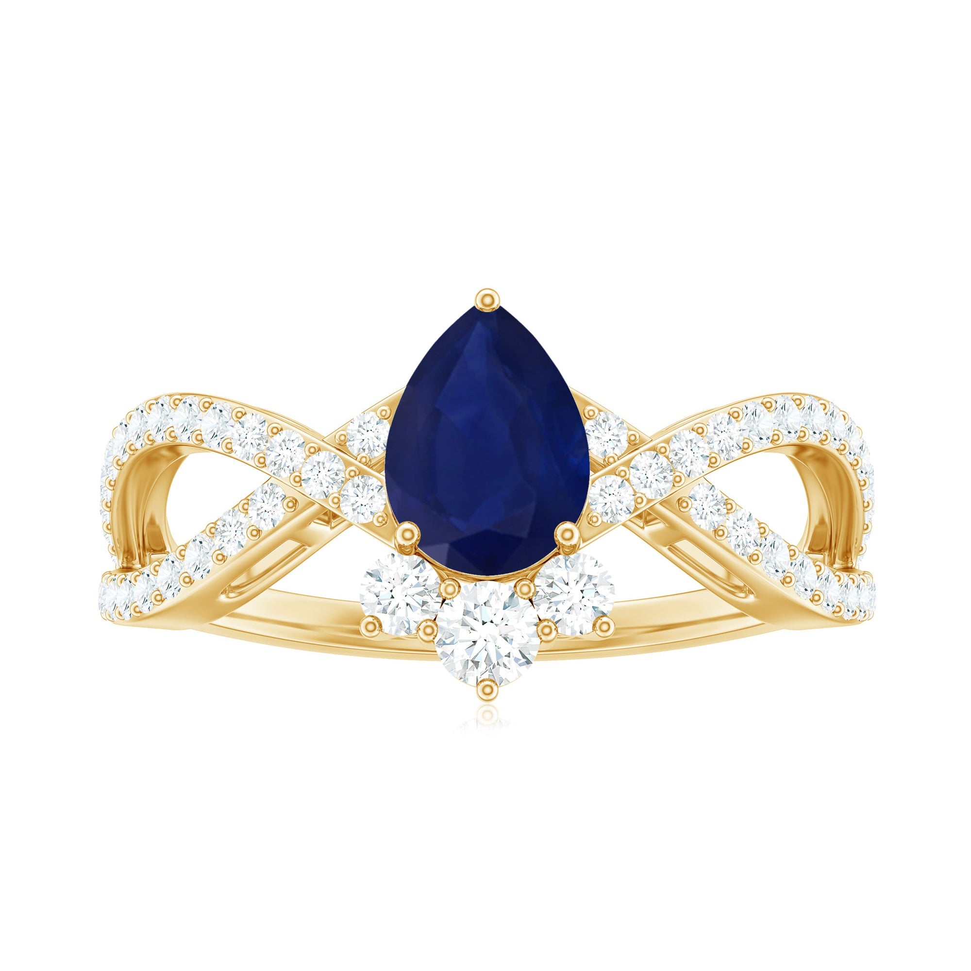 Pear Cut Blue Sapphire and Diamond Crossover Engagement Ring