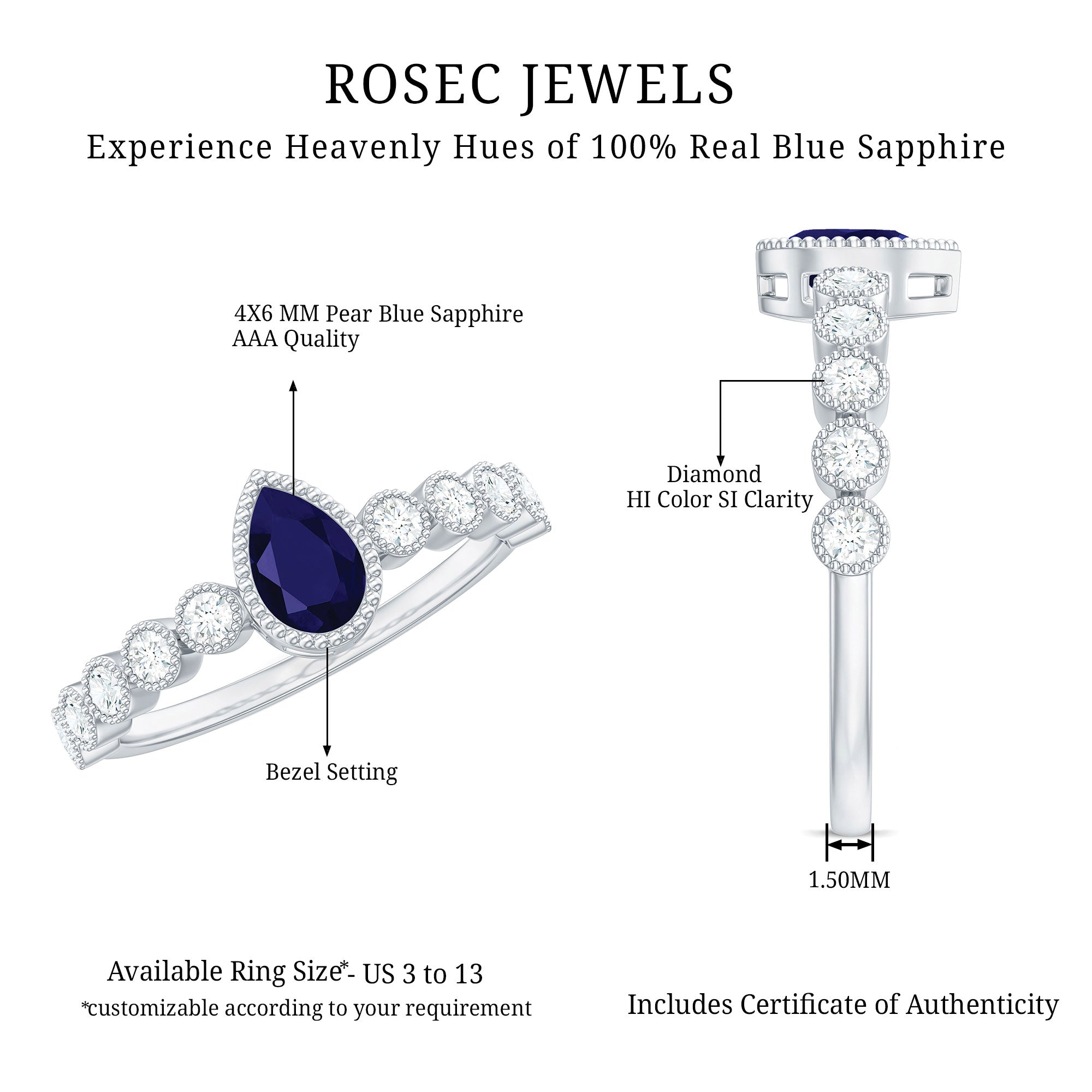 Pear Cut Blue Sapphire Solitaire Ring with Diamond Accent