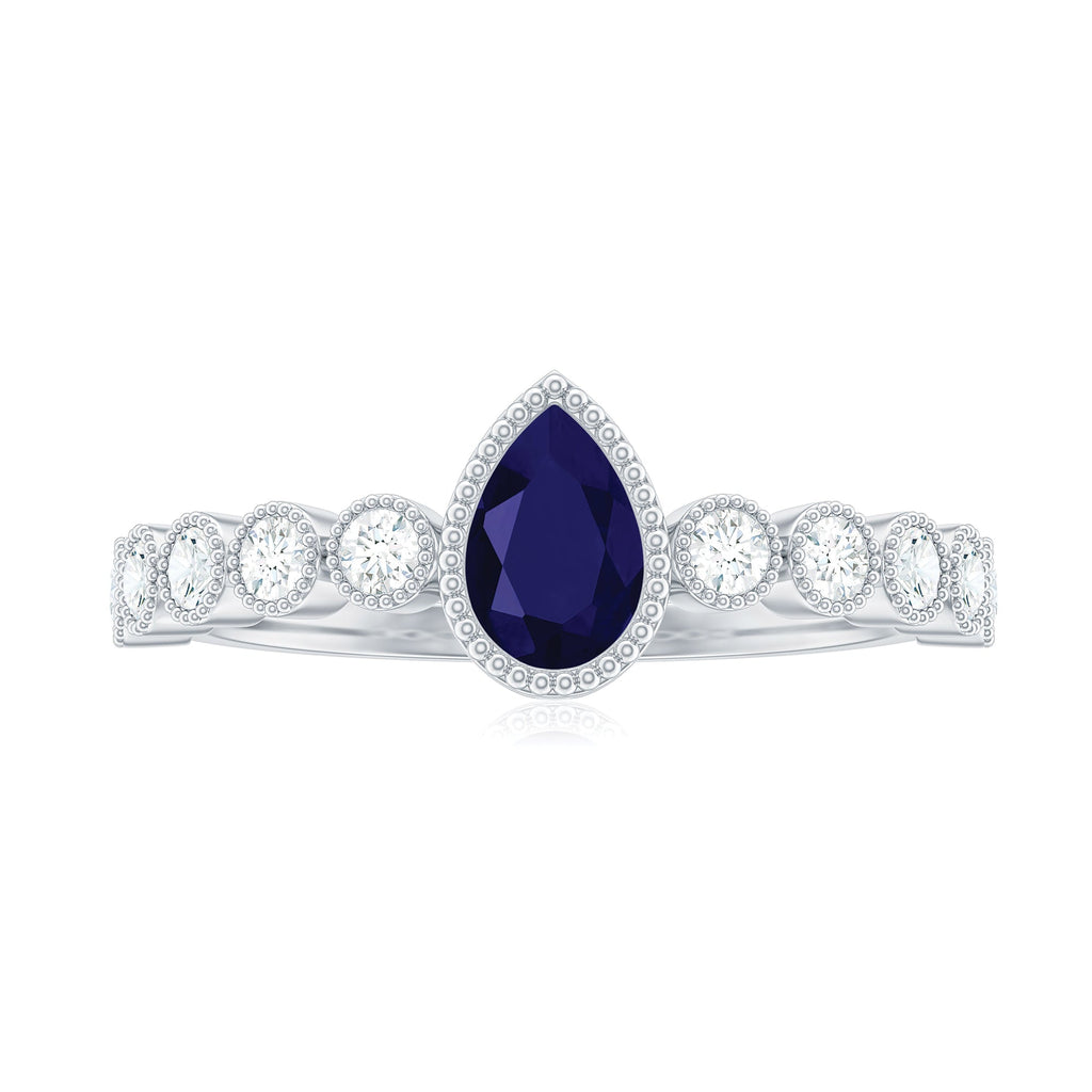 Pear Cut Blue Sapphire Solitaire Ring with Diamond Accent