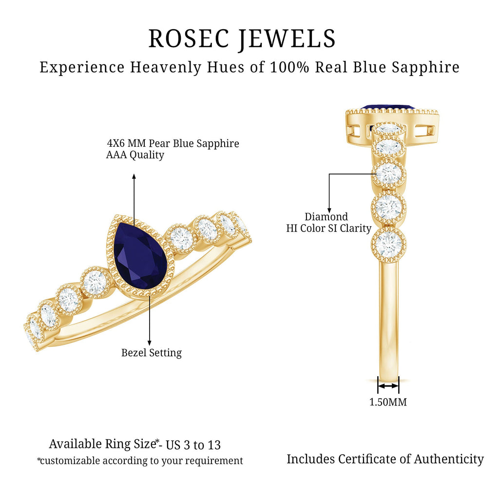 Pear Cut Blue Sapphire Solitaire Ring with Diamond Accent