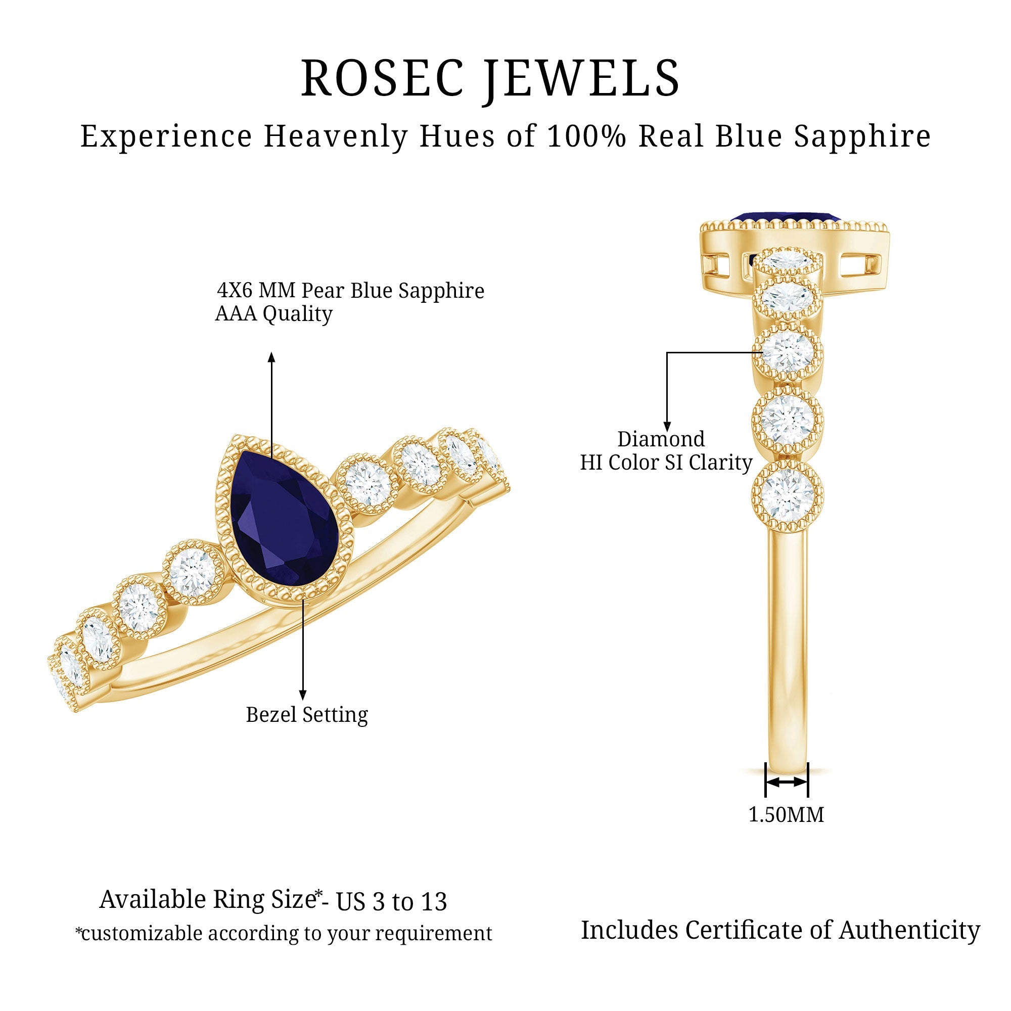 Pear Cut Blue Sapphire Solitaire Ring with Diamond Accent