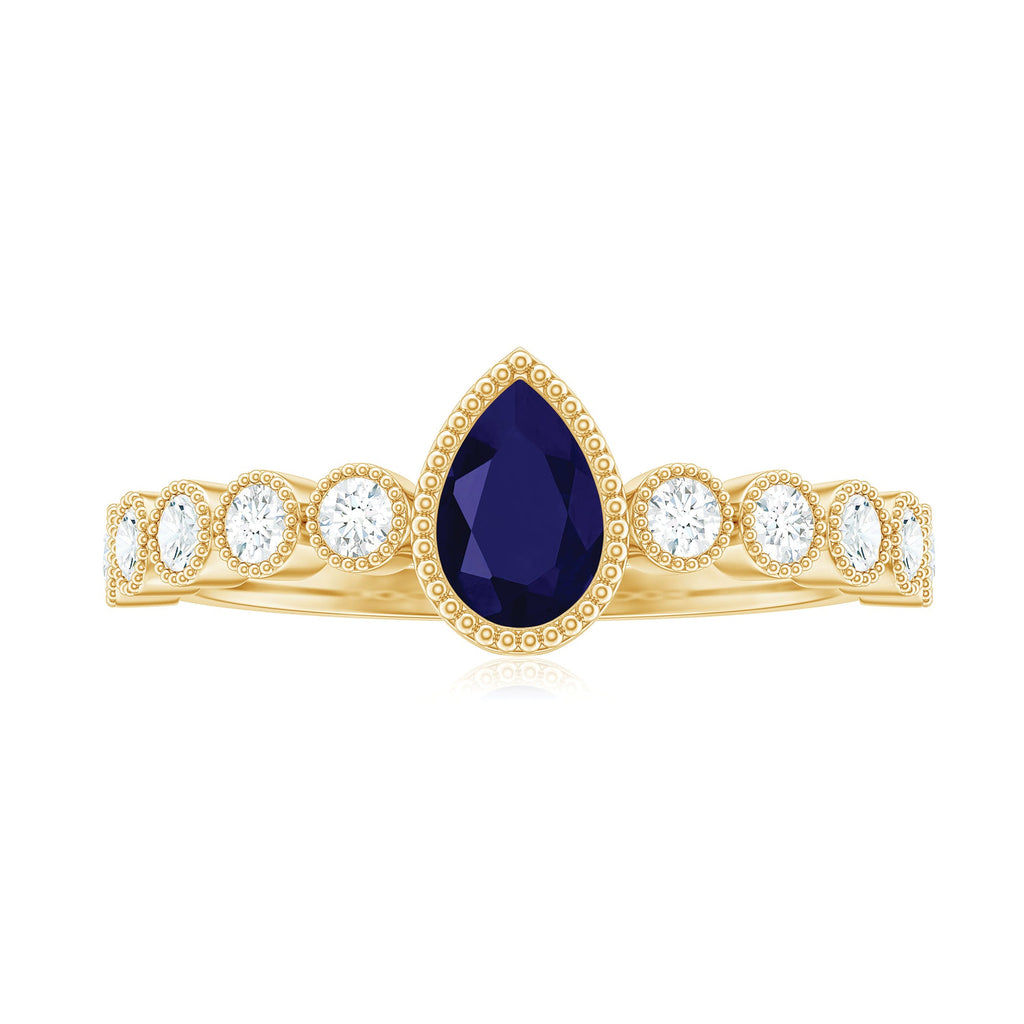 Pear Cut Blue Sapphire Solitaire Ring with Diamond Accent