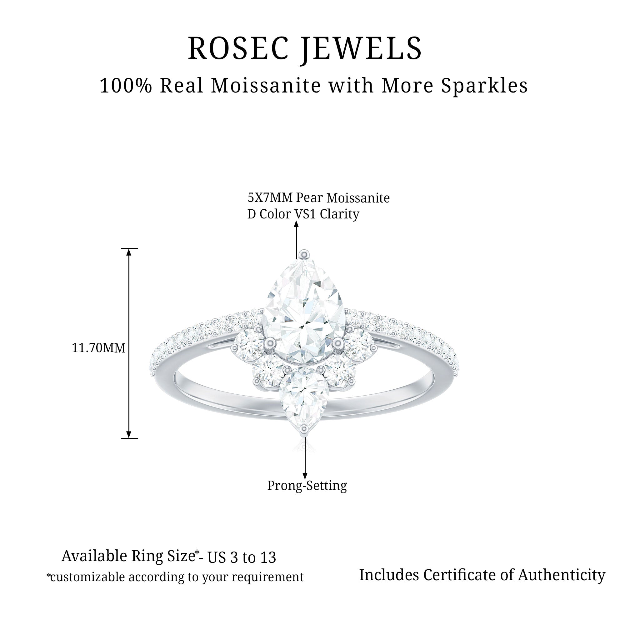 1.50 Ct Pear Shape Moissanite Crown Engagement Ring