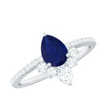 Pear Cut Blue Sapphire Crown Solitaire Ring with Diamond