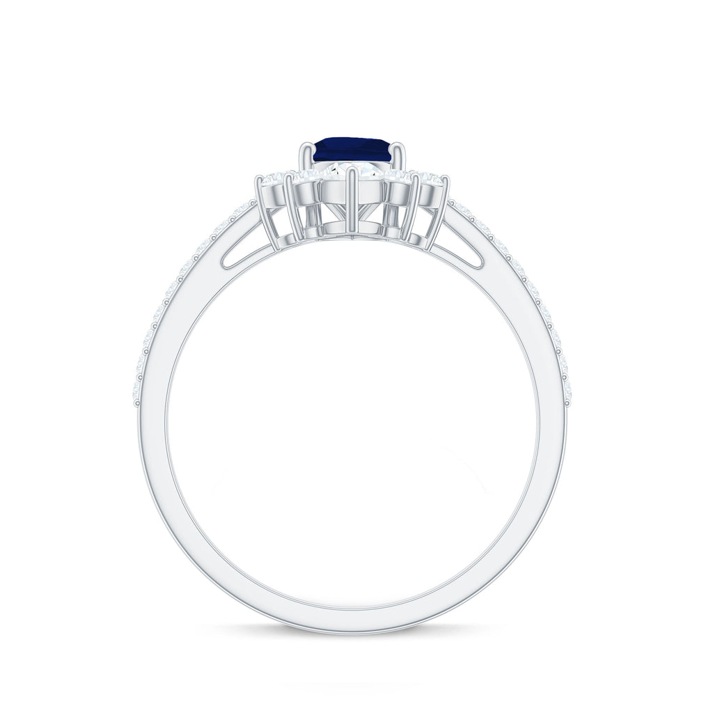 Pear Cut Blue Sapphire Crown Solitaire Ring with Diamond