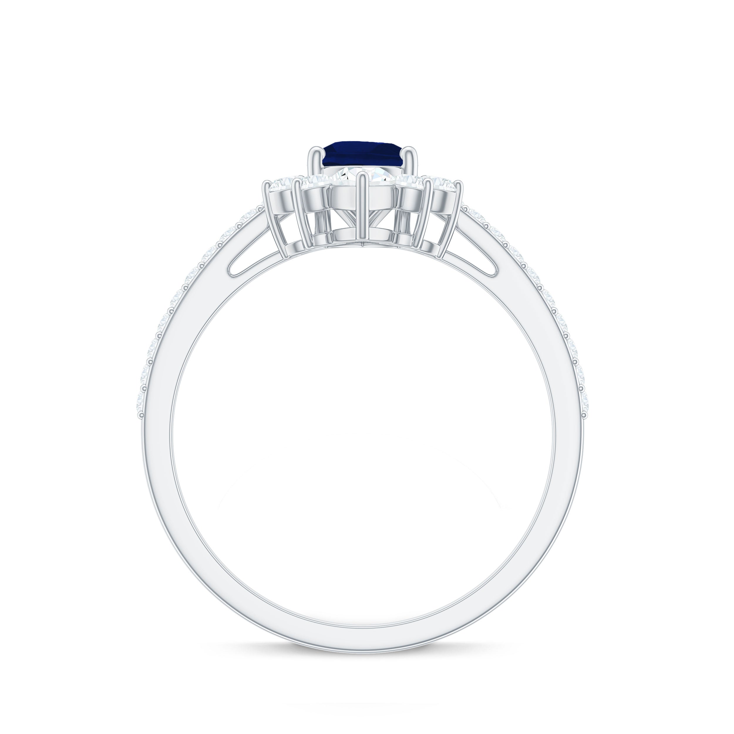 Pear Cut Blue Sapphire Crown Solitaire Ring with Diamond