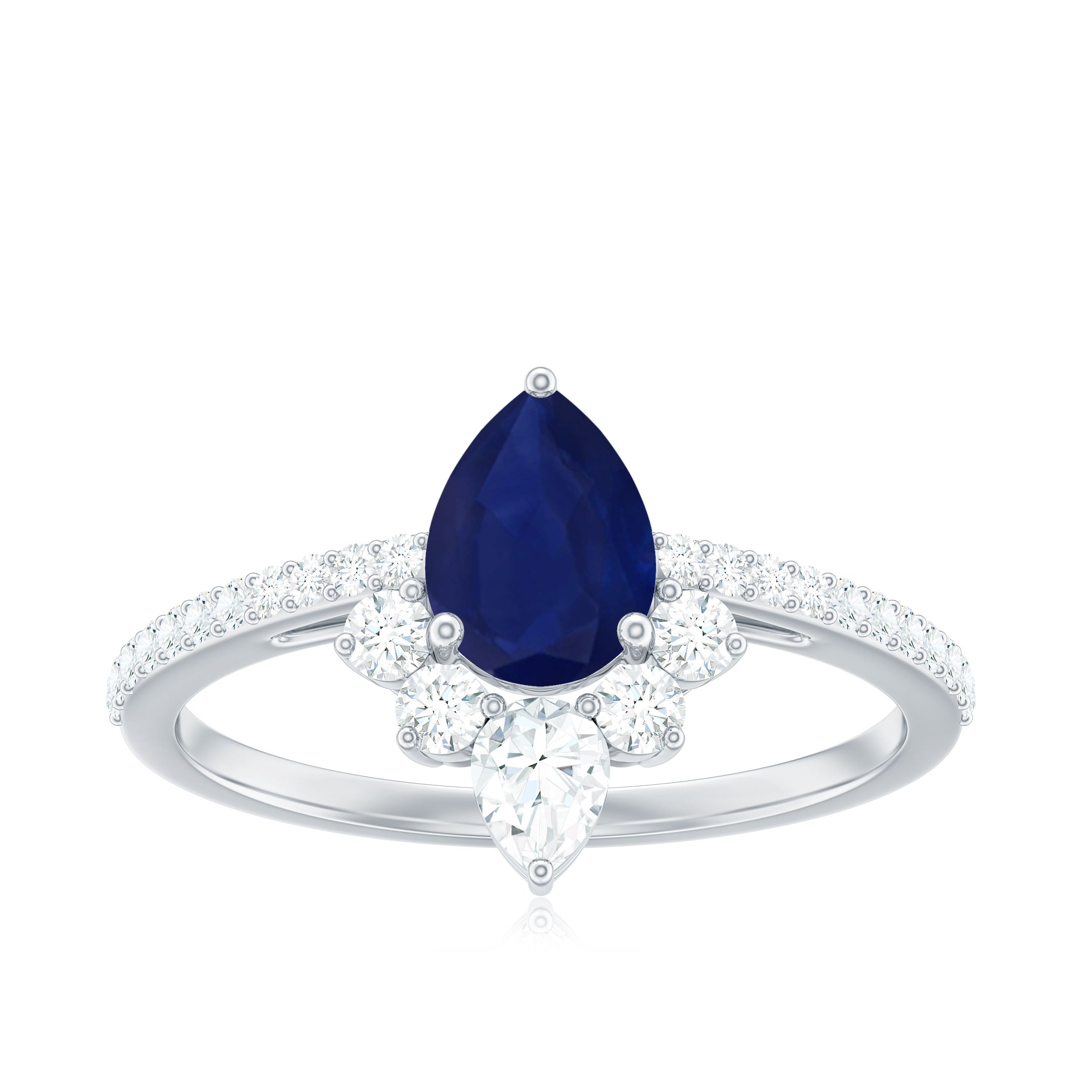 Pear Cut Blue Sapphire Crown Solitaire Ring with Diamond