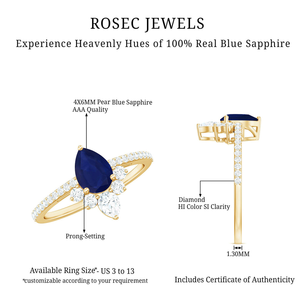 Pear Cut Blue Sapphire Crown Solitaire Ring with Diamond