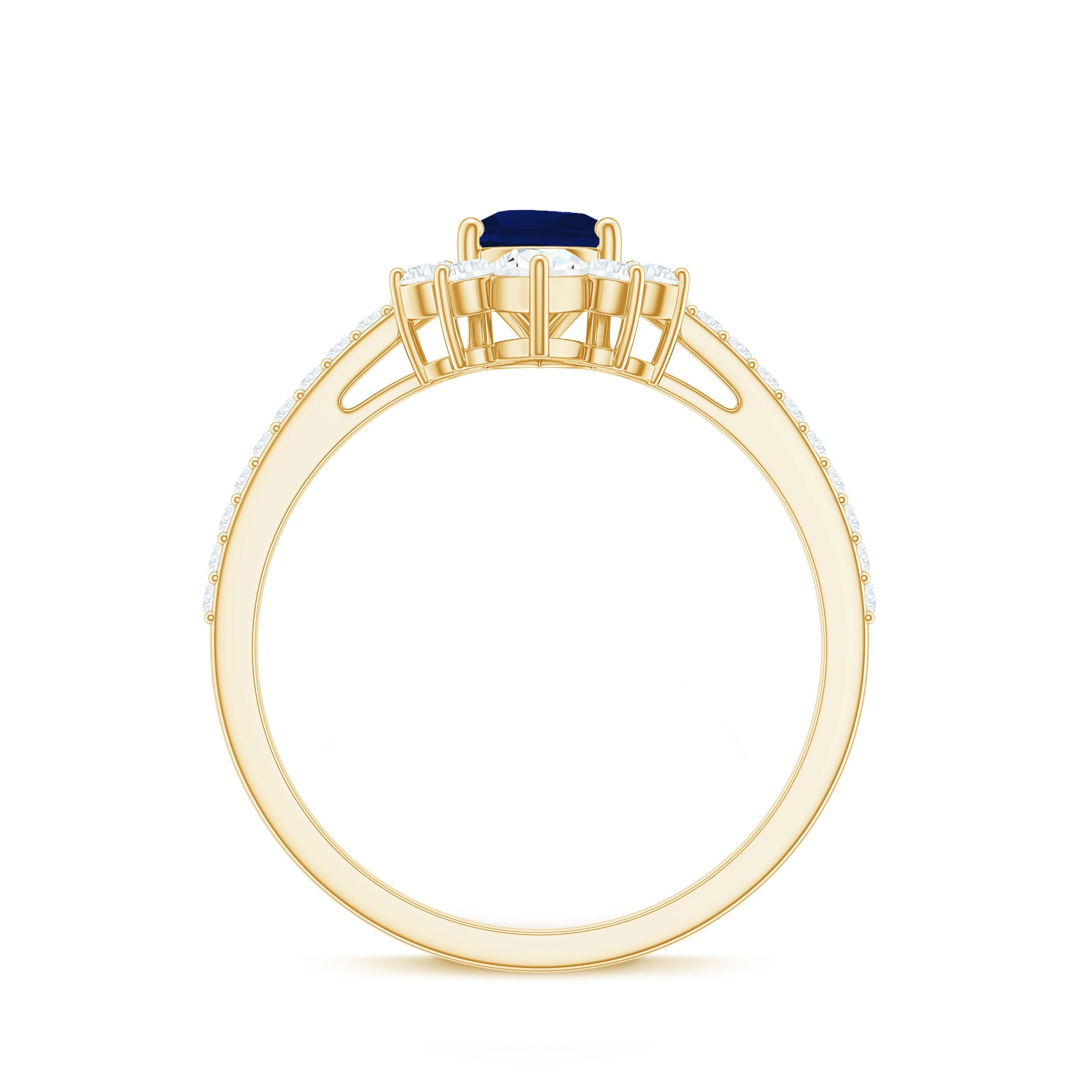 Pear Cut Blue Sapphire Crown Solitaire Ring with Diamond