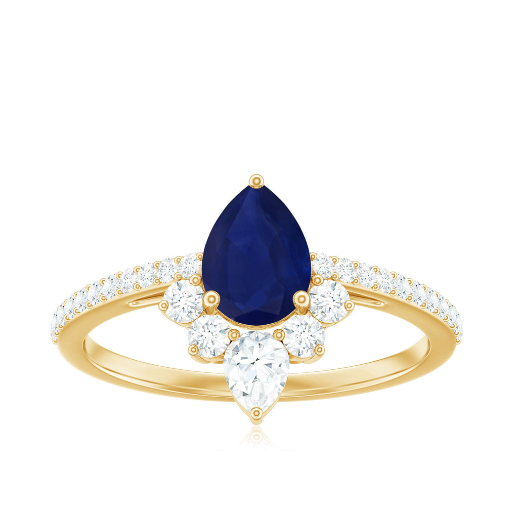 Pear Cut Blue Sapphire Crown Solitaire Ring with Diamond