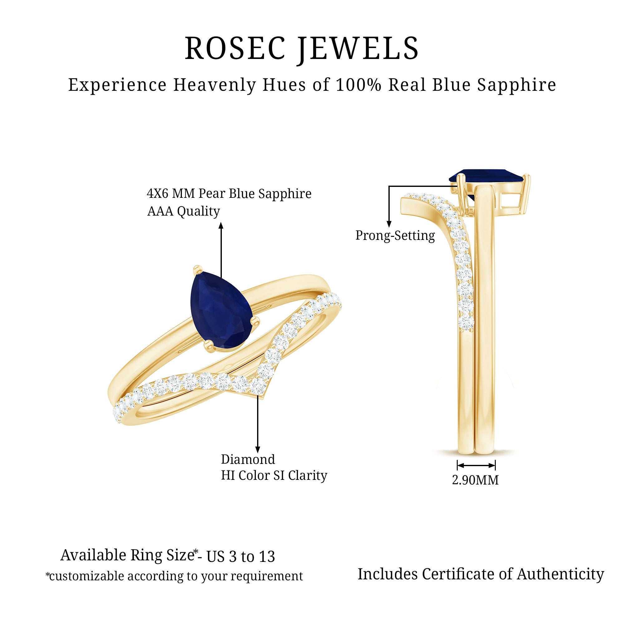 1 CT Pear Cut Blue Sapphire Solitaire Ring Set with Diamond Enhancer Band