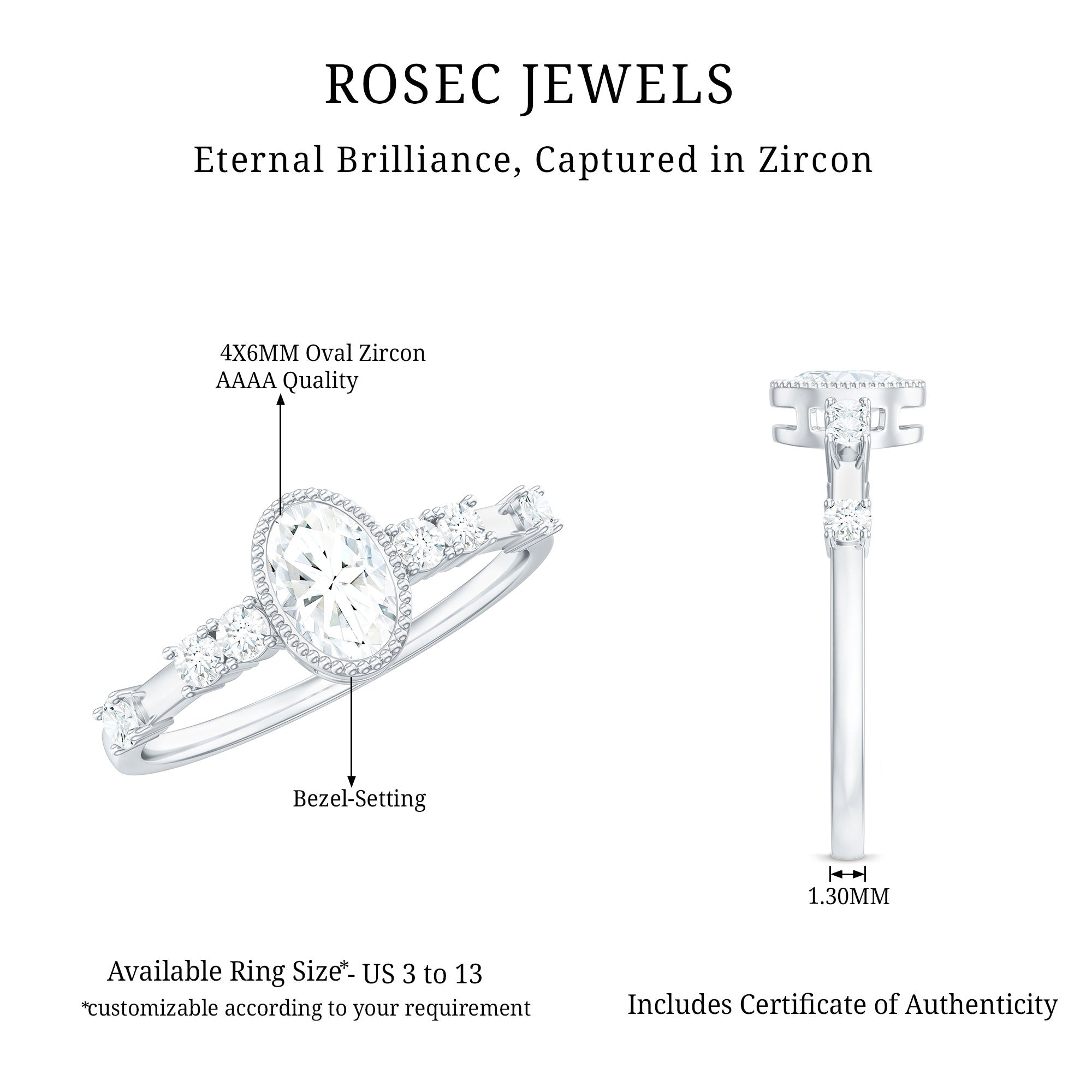 Oval Shape Zircon Solitaire Engagement Ring with Side Stones