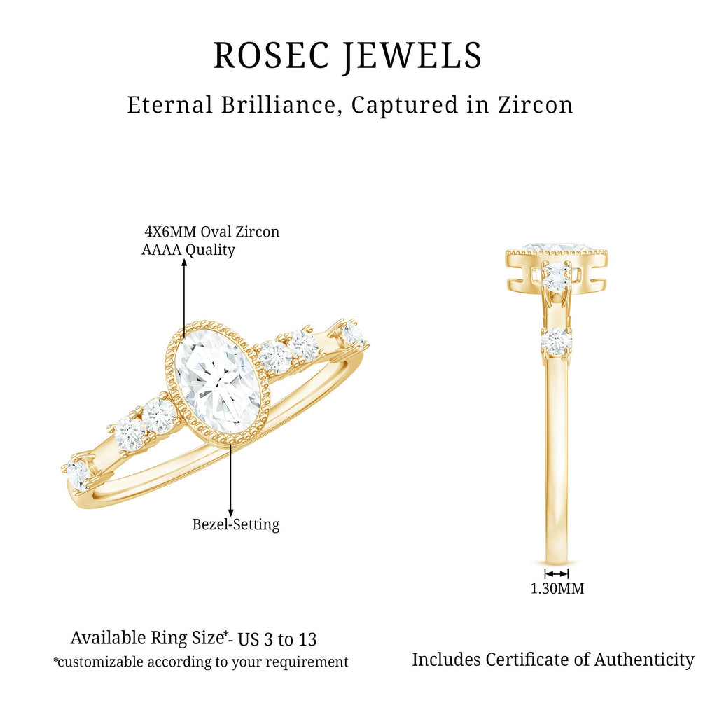 Oval Shape Zircon Solitaire Engagement Ring with Side Stones