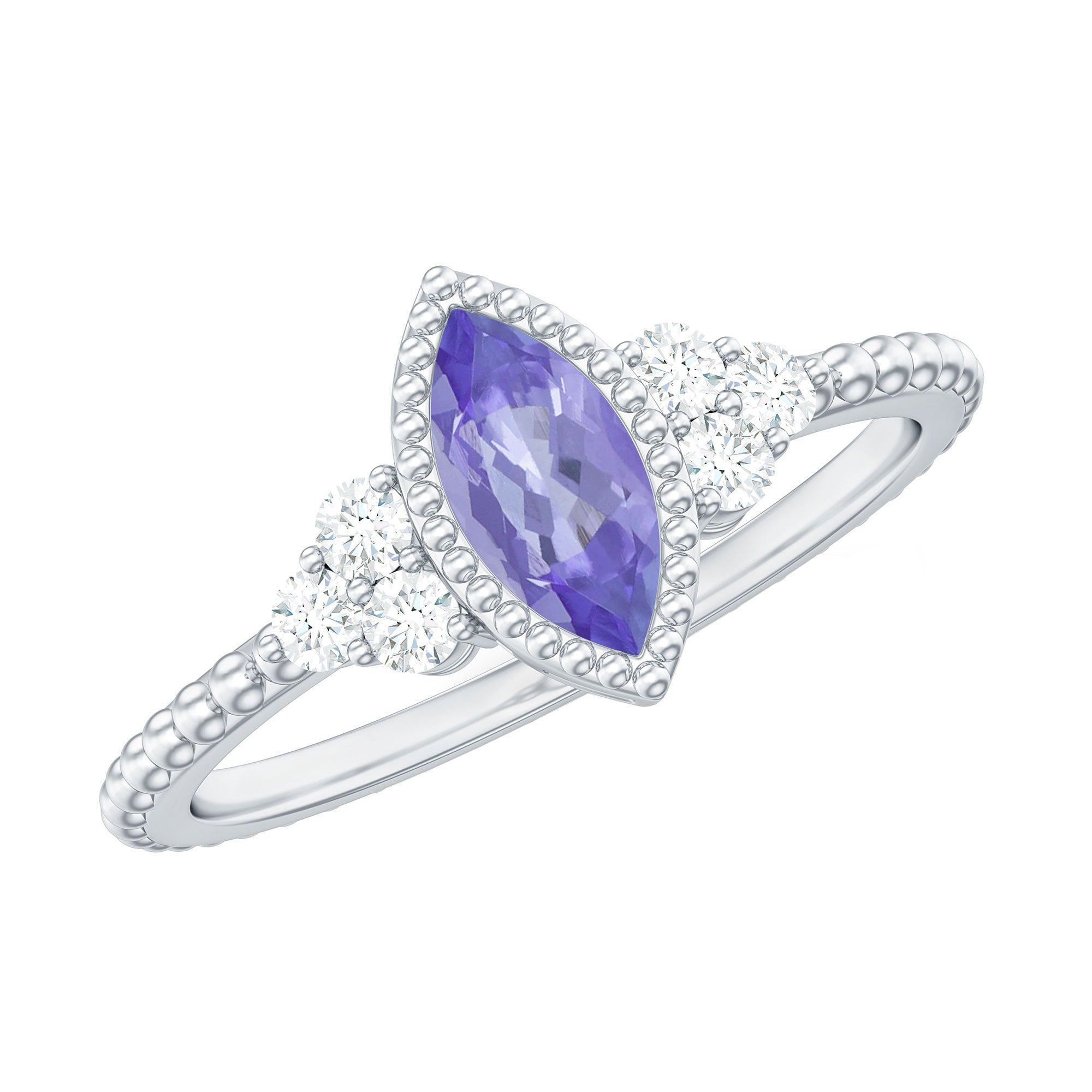 Vintage Style Marquise Tanzanite Promise Ring with Diamond Trio