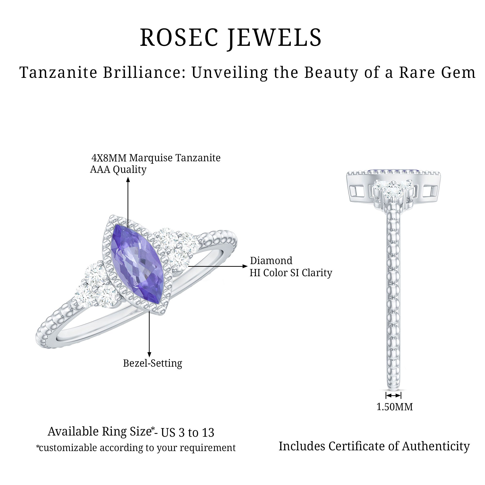 Vintage Style Marquise Tanzanite Promise Ring with Diamond Trio