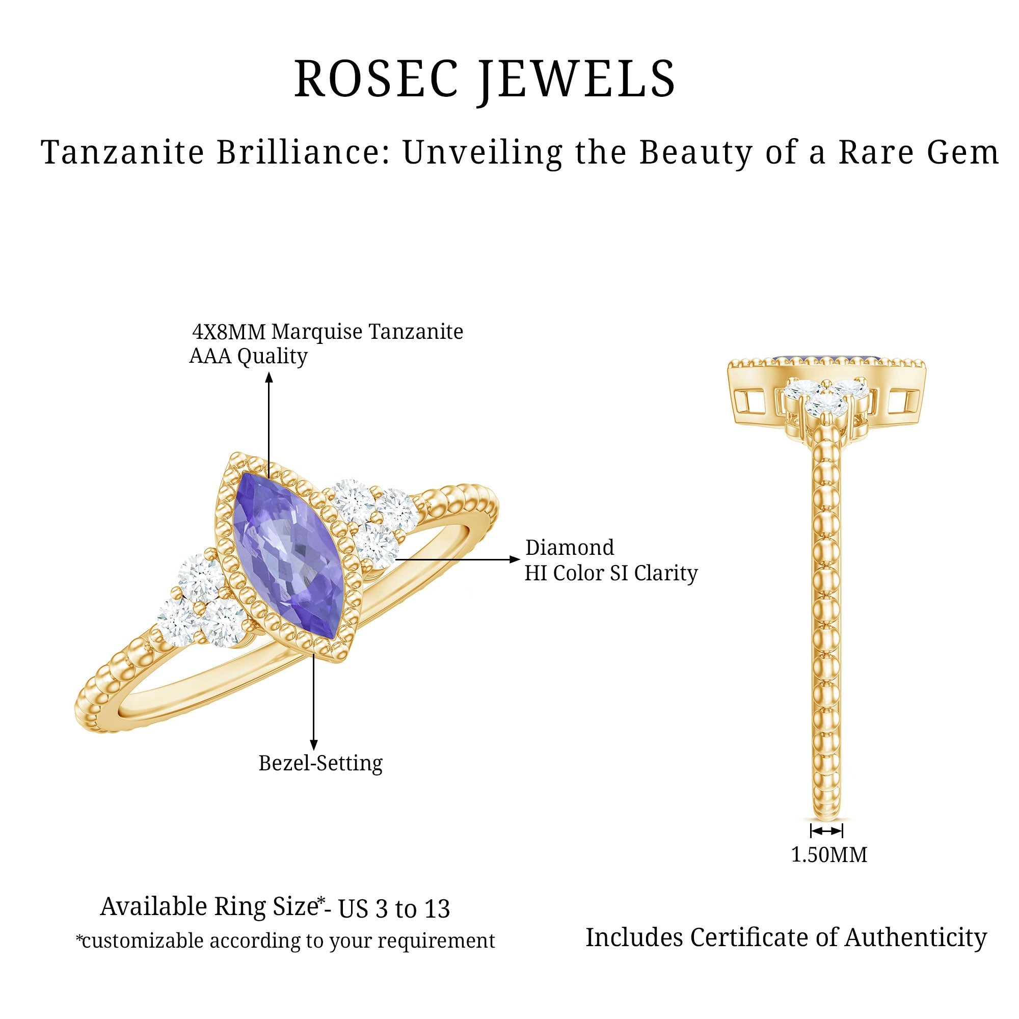 Vintage Style Marquise Tanzanite Promise Ring with Diamond Trio