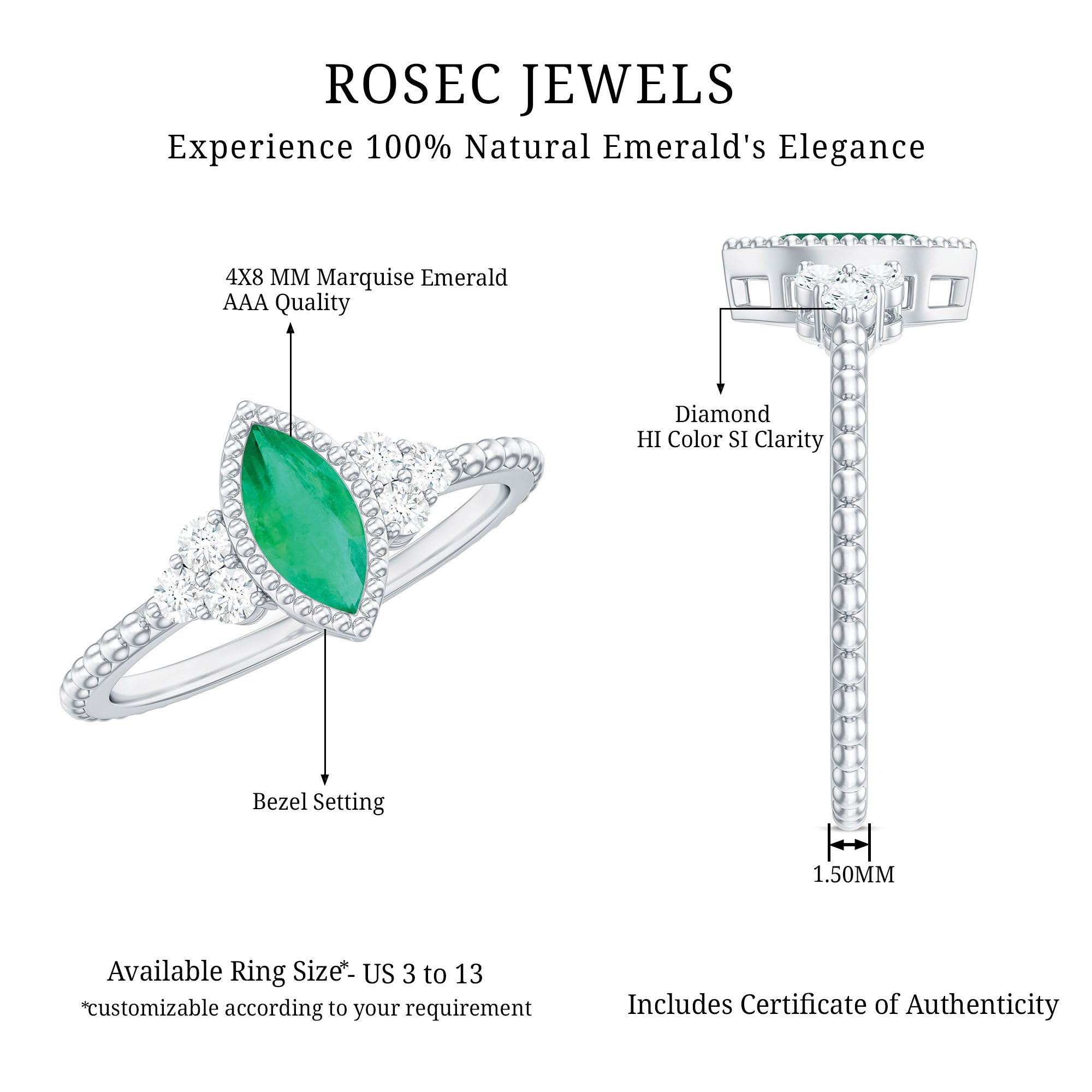 Vintage Inspired Emerald Promise Engagement Ring with Trio Diamond