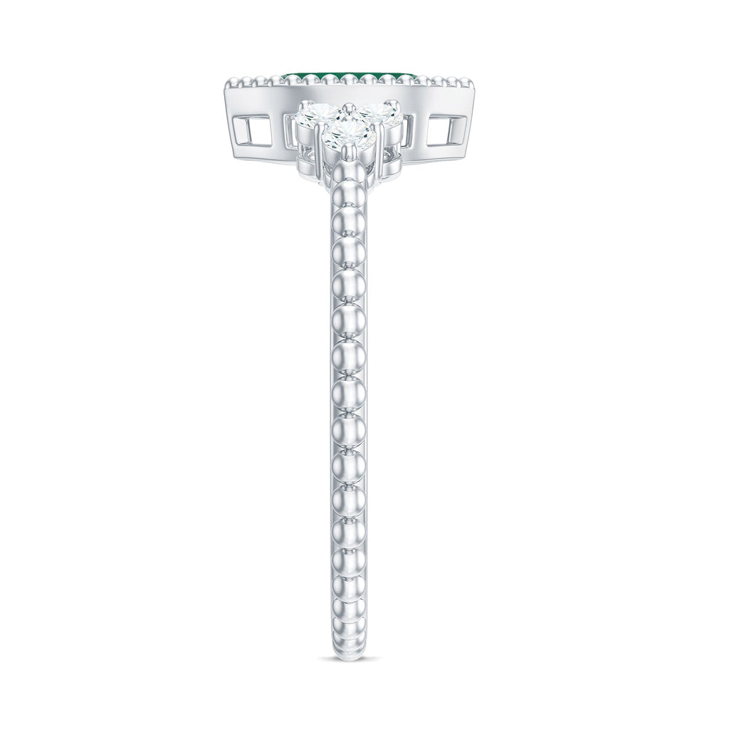 Vintage Inspired Emerald Promise Engagement Ring with Trio Diamond