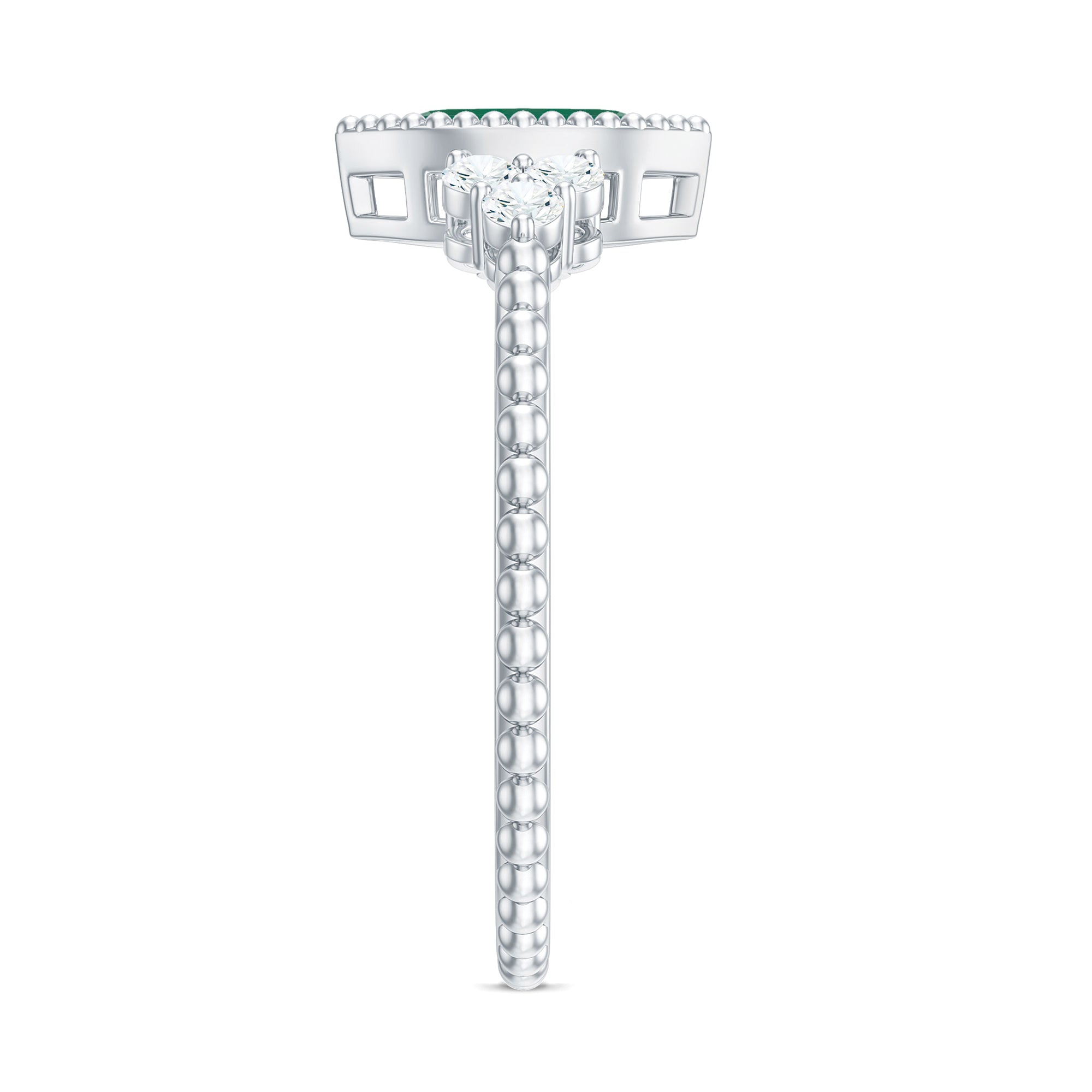 Vintage Inspired Emerald Promise Engagement Ring with Trio Diamond