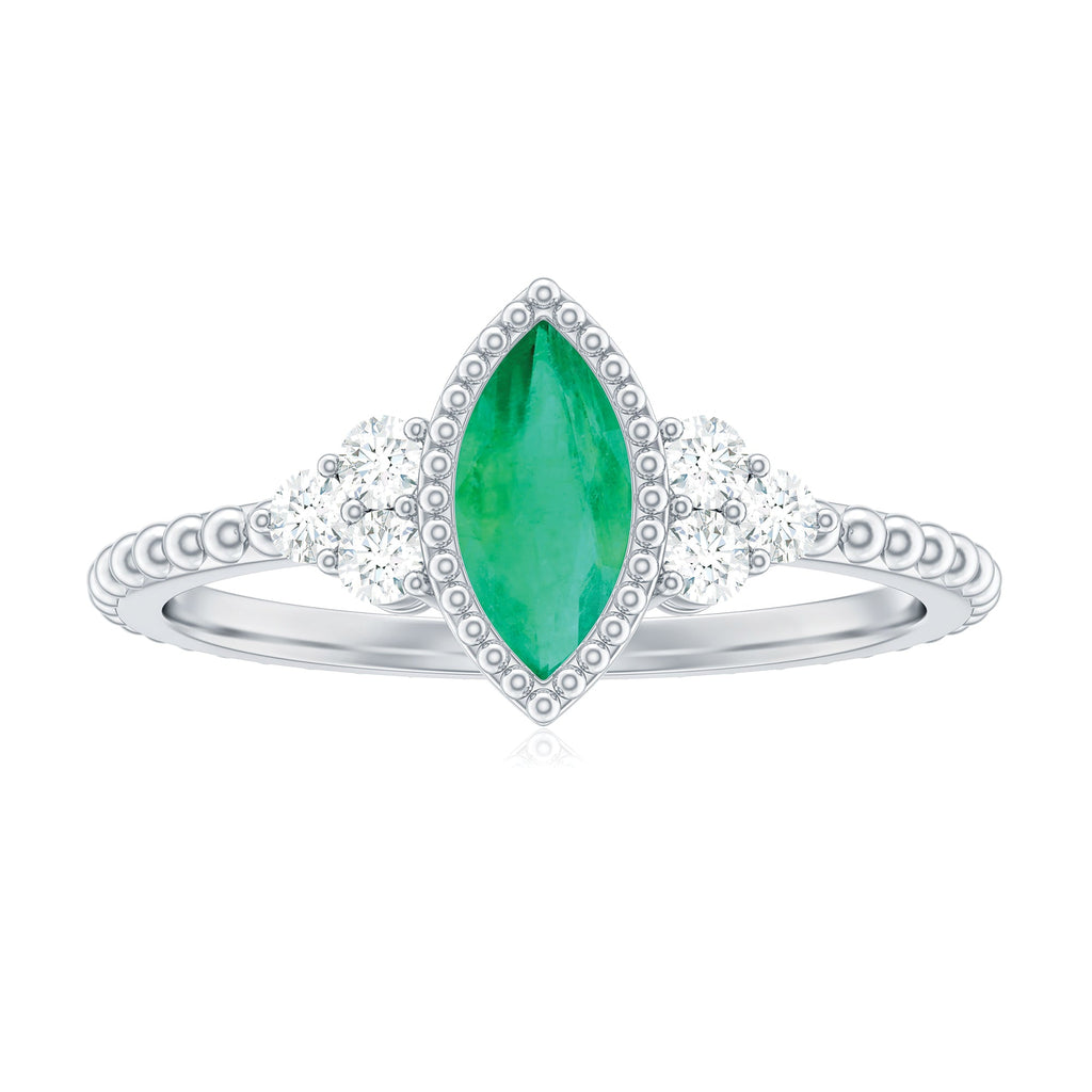 Vintage Inspired Emerald Promise Engagement Ring with Trio Diamond