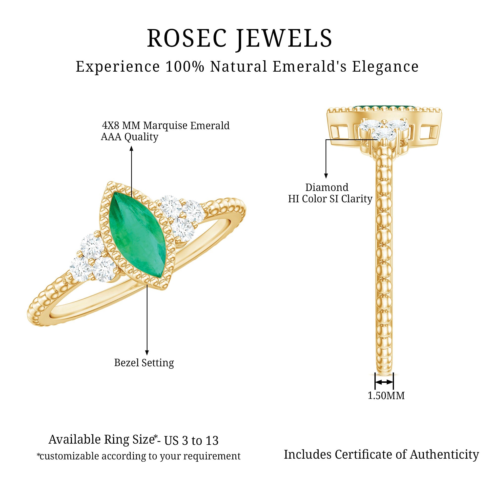 Vintage Inspired Emerald Promise Engagement Ring with Trio Diamond